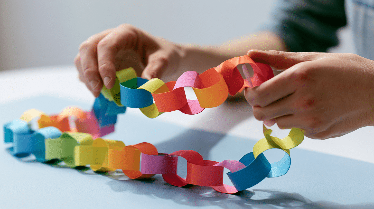 a handmade colorful paper chain fidget toy with interlocked rainbow rings on a table