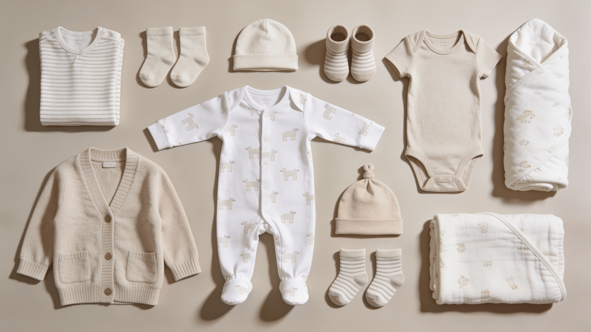 baby clothing essentials including onesies socks hats blanket and cardigan arranged neatly on a neutral background