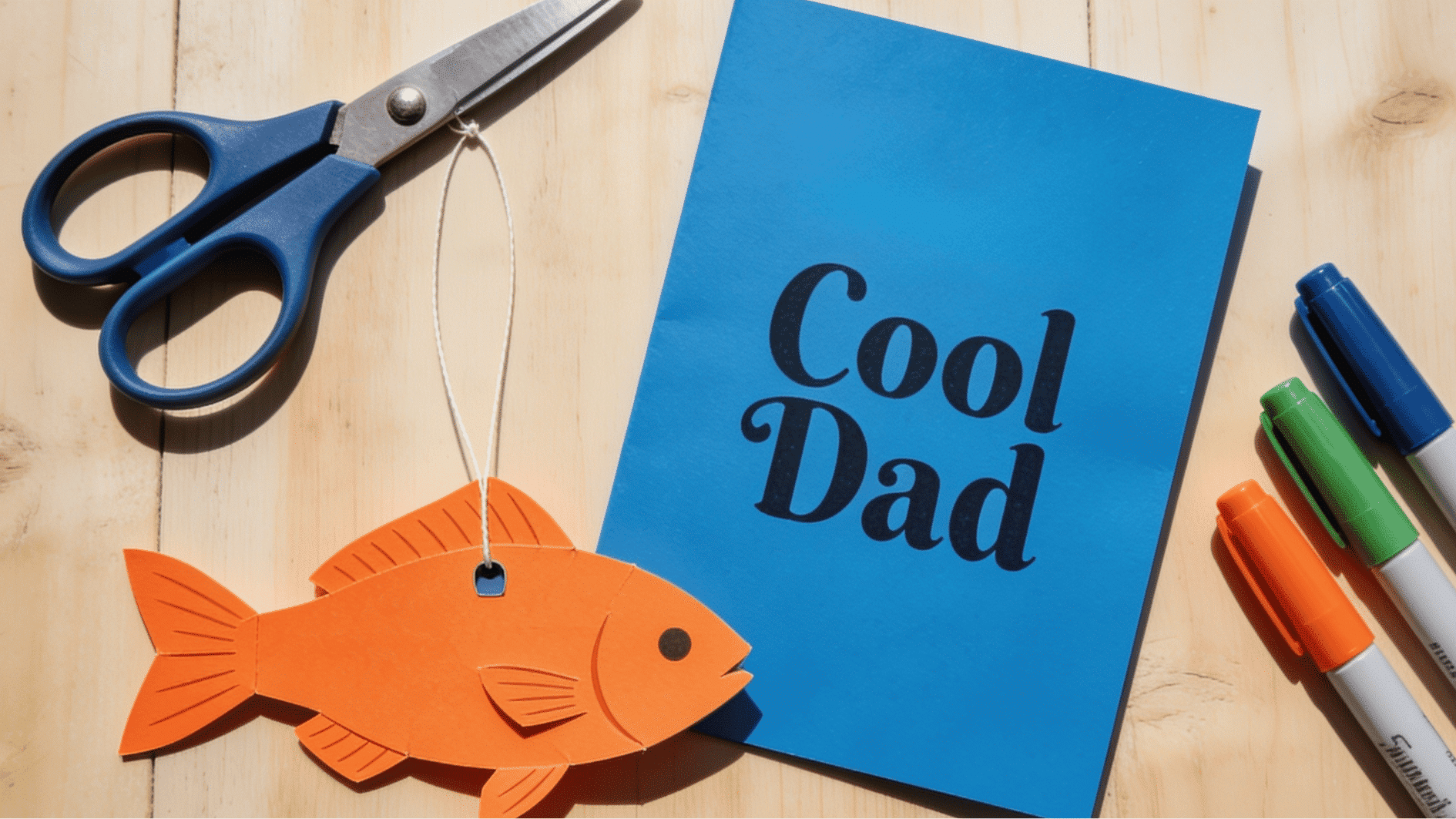 blue cardstock fishing pull tab card with orange paper fish on string fathers day reel cool dad craft for kids