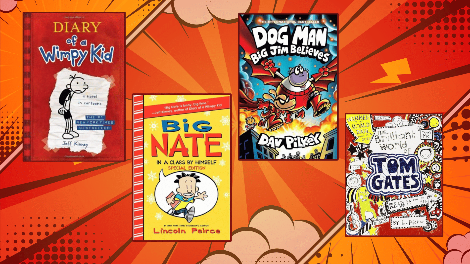 book covers of diary of a wimpy kid, big nate, dog man, tom gates for fun reads