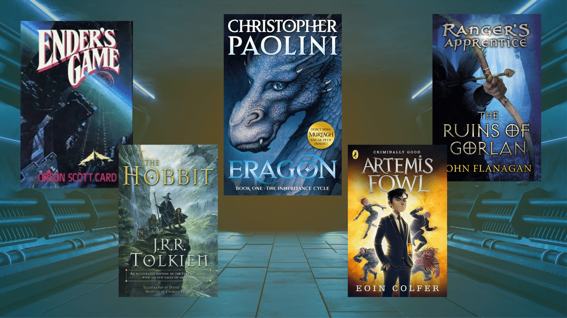 book covers of ender's game, eragon, the hobbit, artemis fowl and the ranger's apprentice for sci fi genre