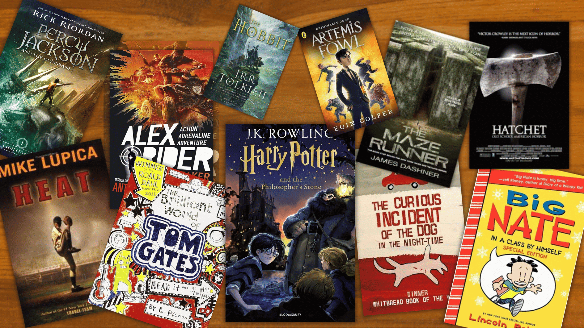 book covers of famous books for 12 year old boys on an wooden surface, with harry potter in the front
