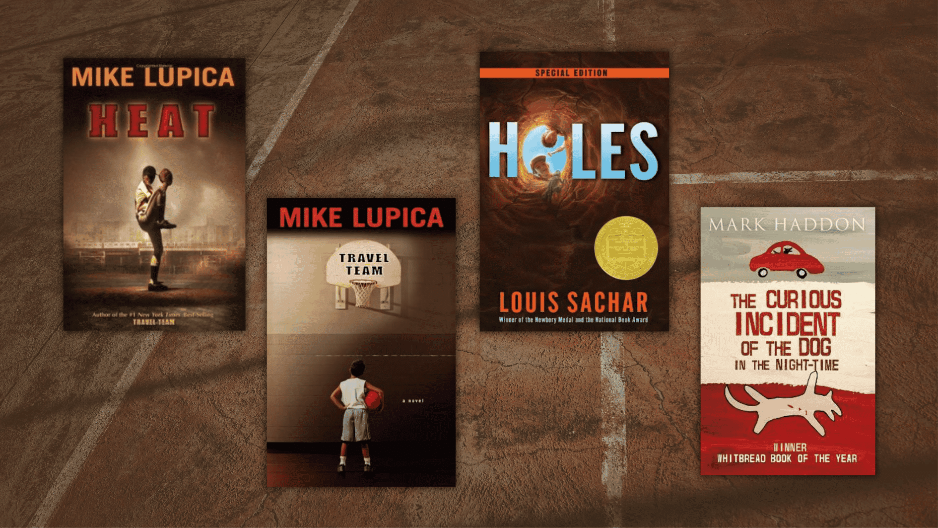 book covers of heat, travel team, holes and the curious incident of the dog in the night time, for the sports fan genre of boys
