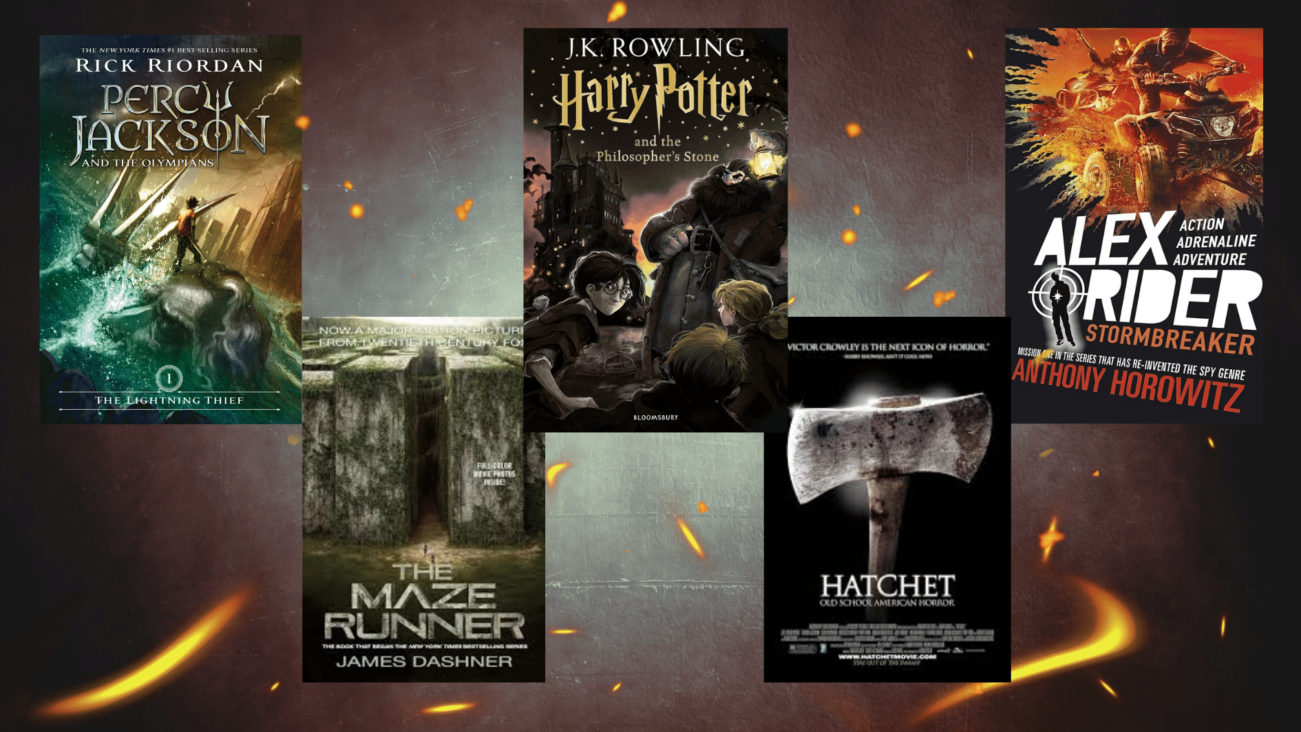 book covers of percy jackson, harry potter, alex rider, the maze runner and hatchet with a black fantasy backgroud