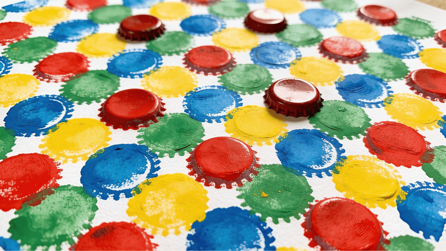 bottle cap stamp print artwork showing colorful repeated circular patterns on white paper in natural light