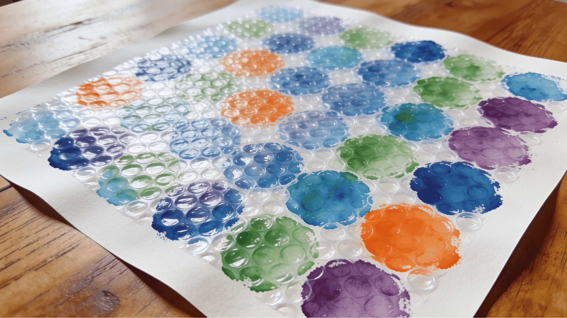 bubble wrap print painting showing textured circular dot patterns in blue green orange and purple on white paper