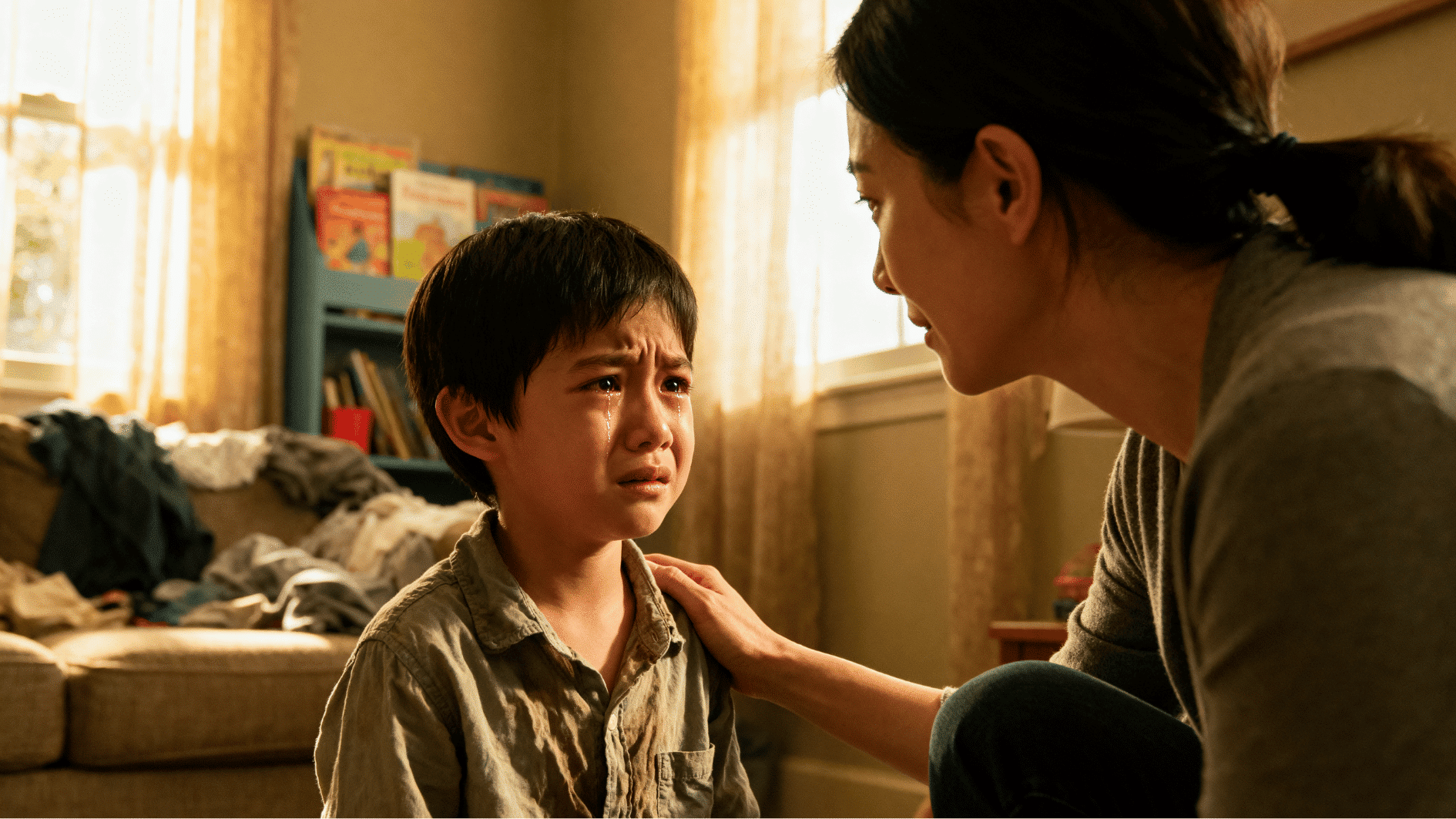 calm mother comforting upset child during an emotional moment inside a warm and peaceful family home setting.