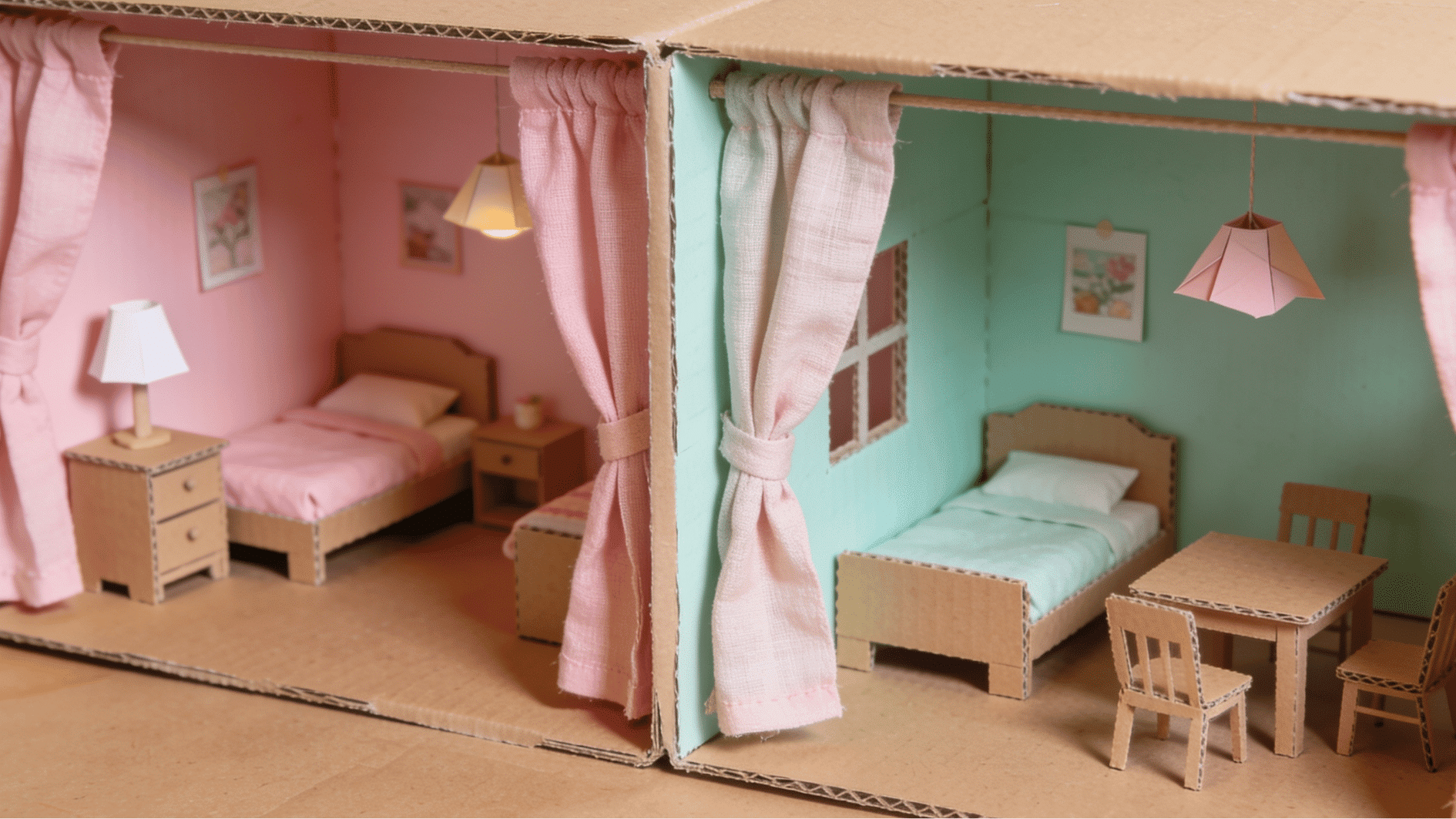 cardboard box dollhouse with pastel painted rooms fabric curtains and tiny cardboard furniture inside
