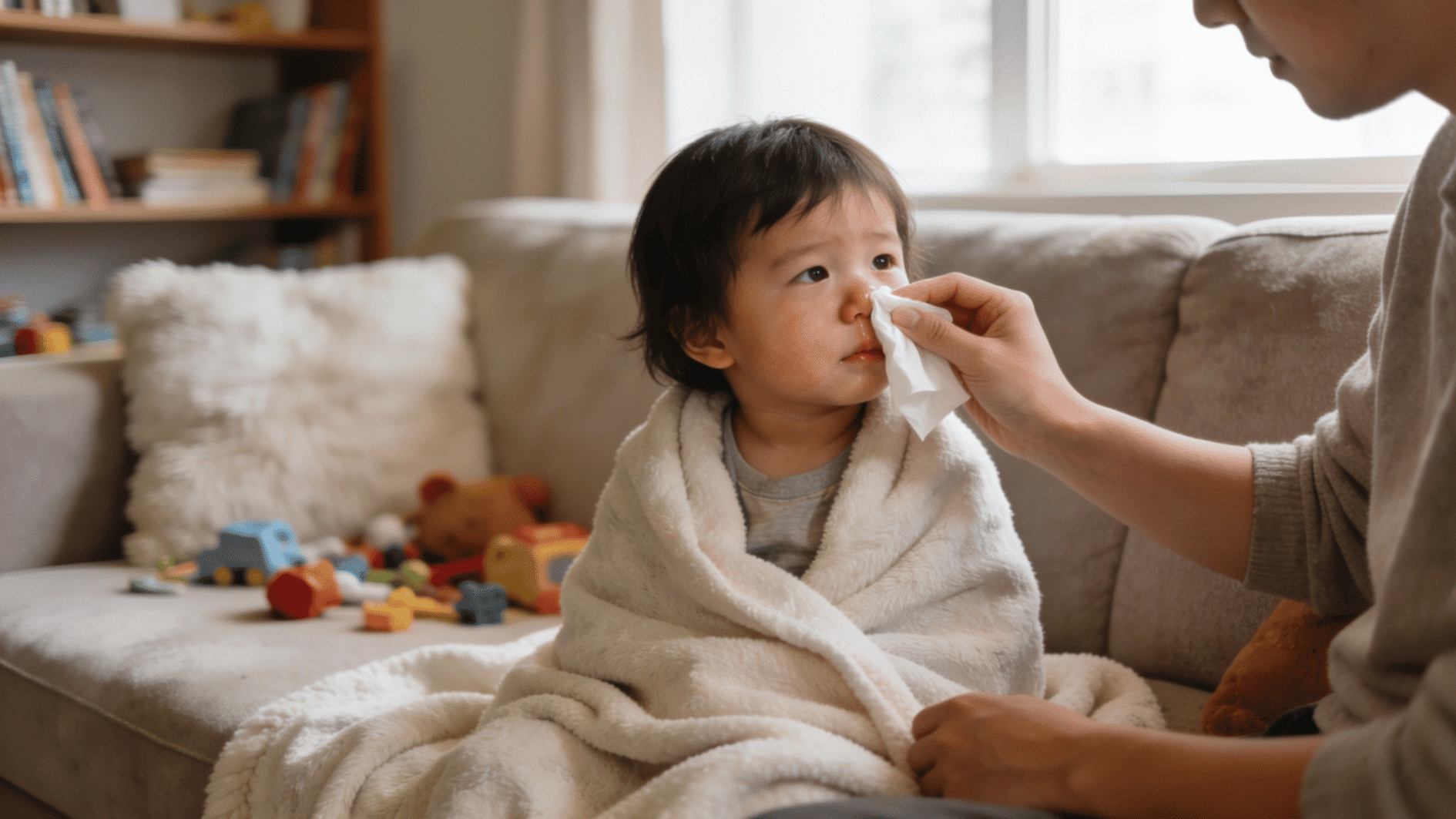 caregiver gently wipes a young child's nose while wrapped in a blanket on a cozy living room sofa