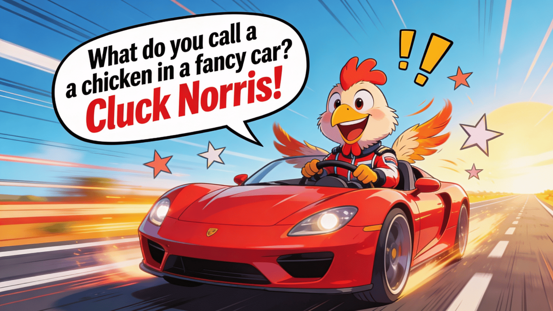 cartoon chicken driving red sports car fast on highway while telling funny car joke in speech bubble