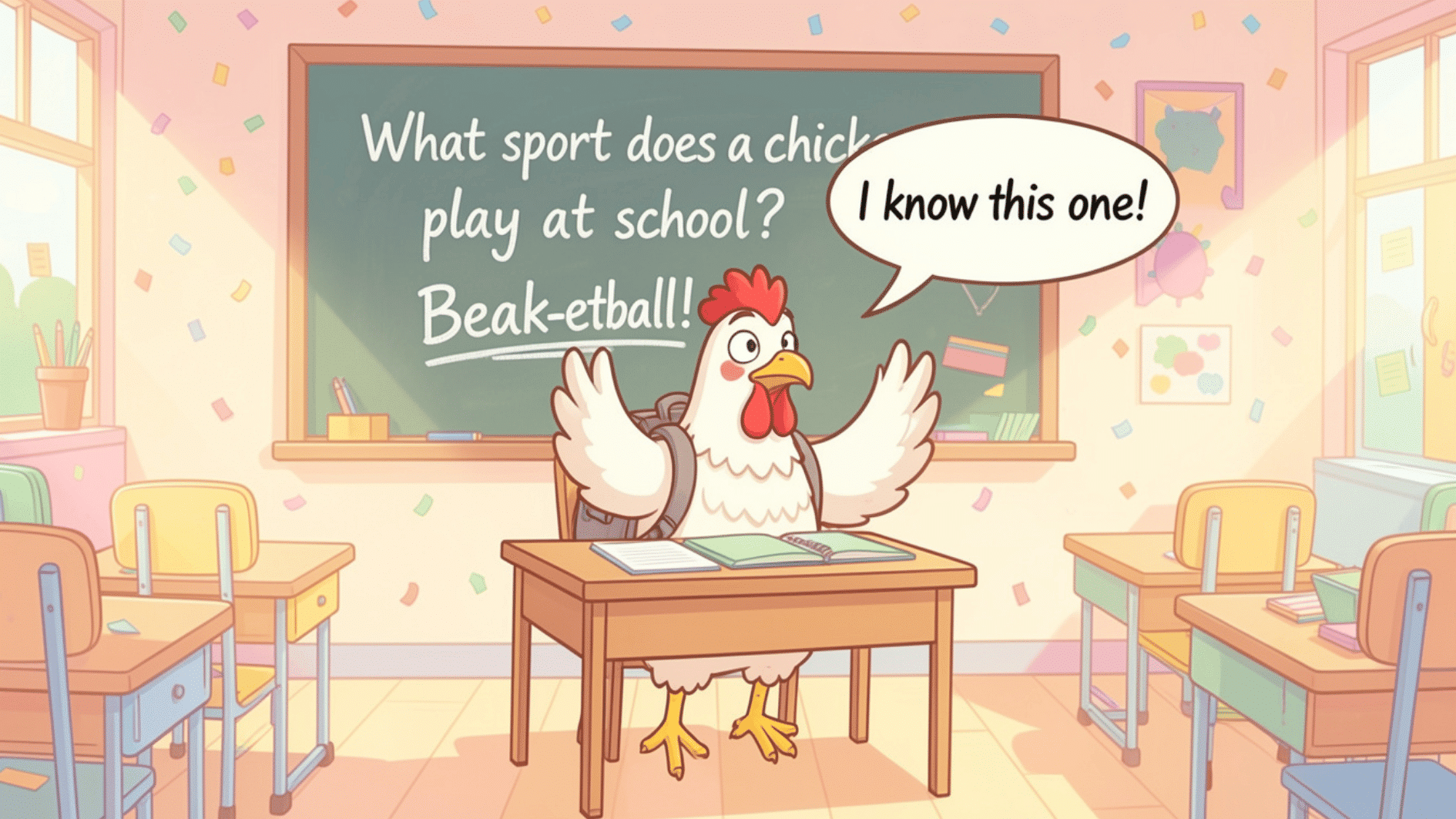 cartoon chicken in classroom telling sports joke on chalkboard while sitting at school desk with backpack