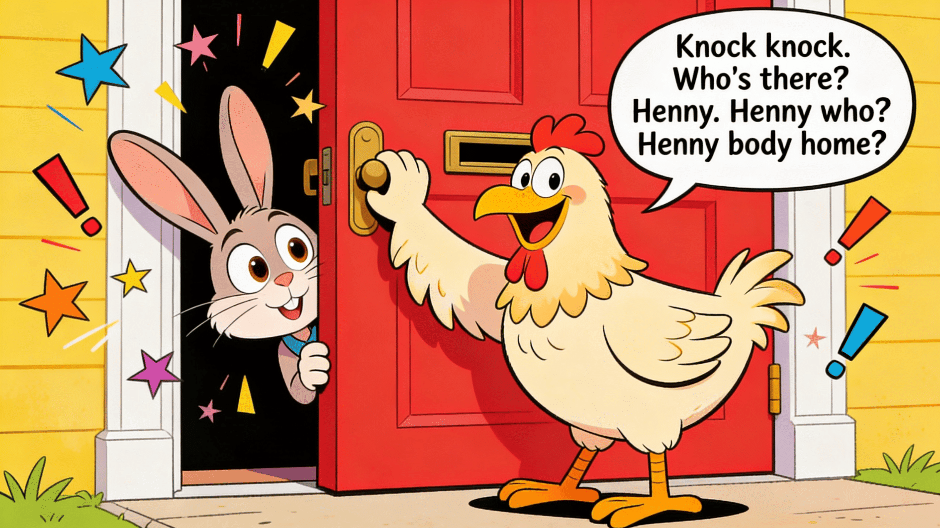 cartoon chicken telling knock-knock joke at red front door while smiling bunny peeks from inside house