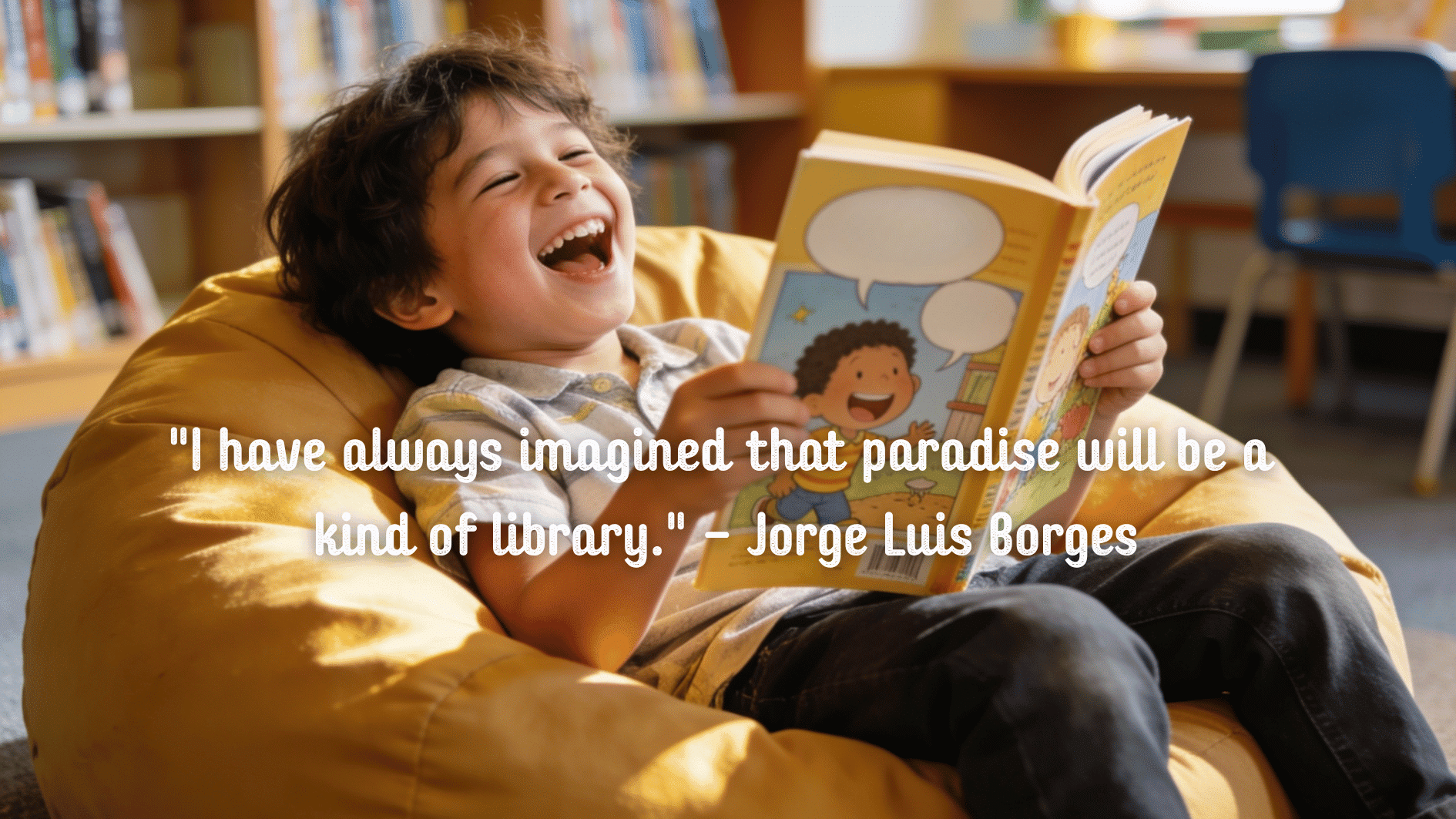 cheerful child laughing while reading a colorful storybook on a bean bag chair in a bright library corner