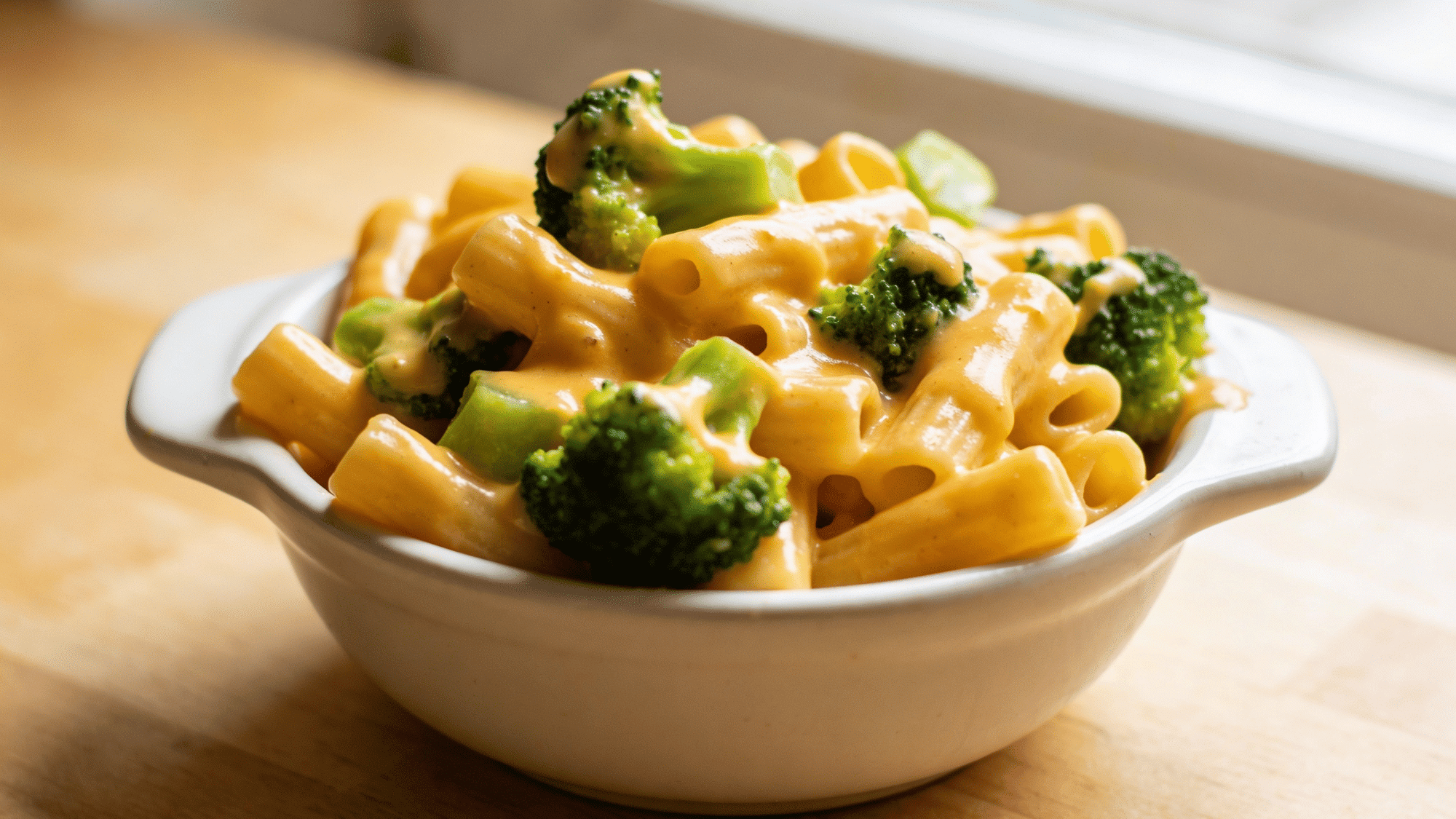 cheesy broccoli pasta in a white bowl with golden cheddar sauce and green broccoli florets