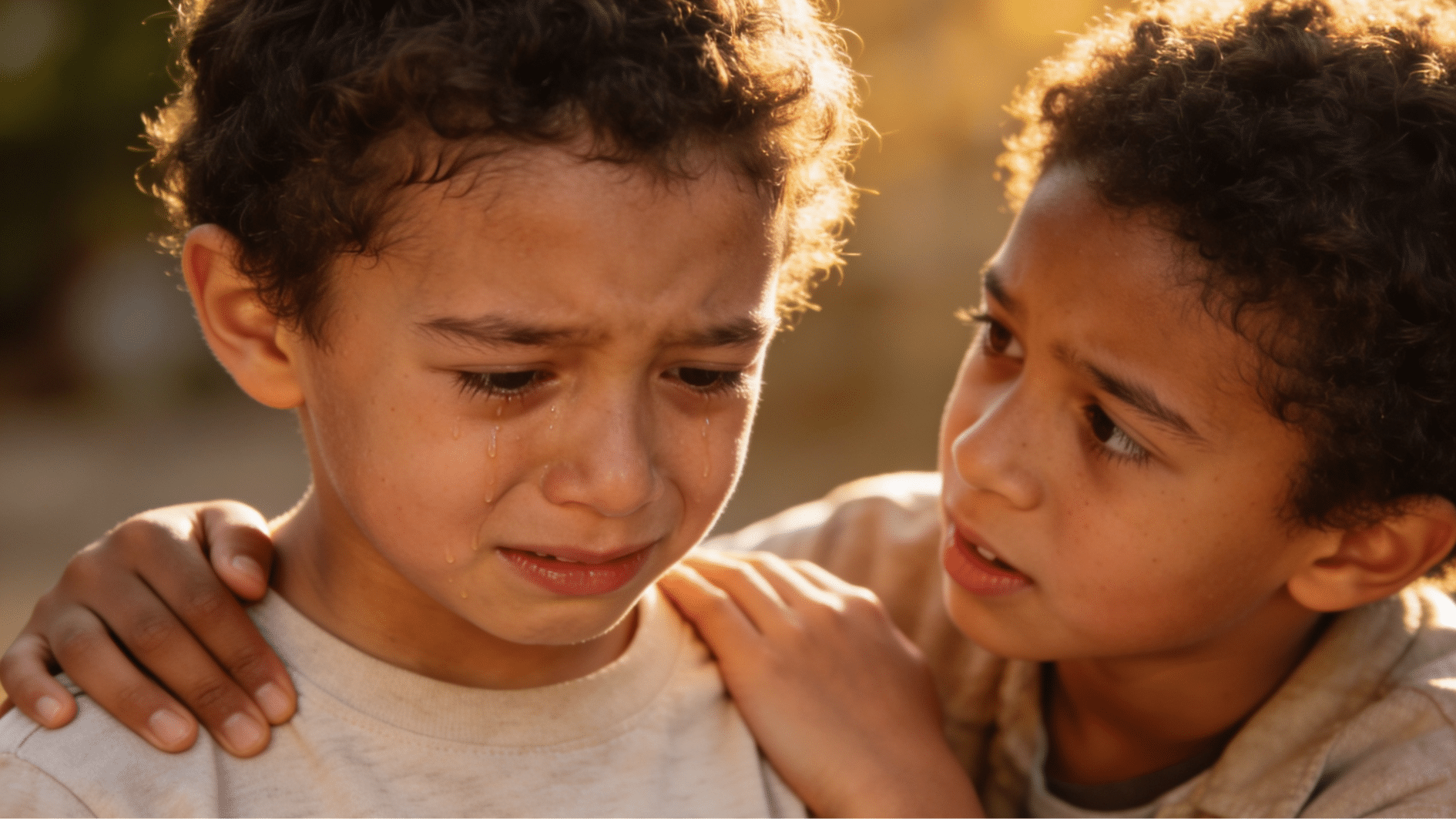 child comforting crying friend with tears during emotional moment outdoors