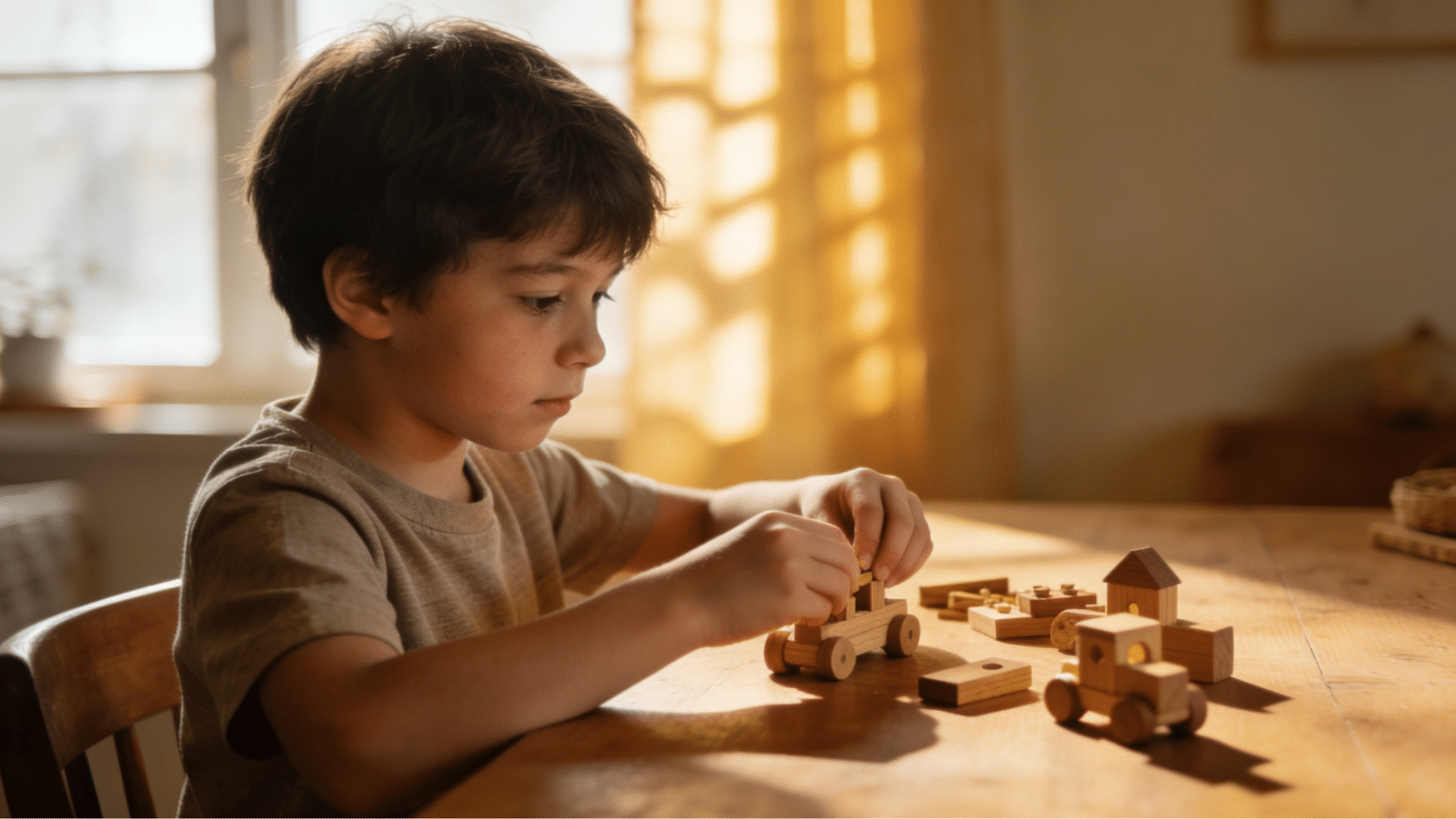 child playing with wooden toy blocks at table in warm afternoon sunlight