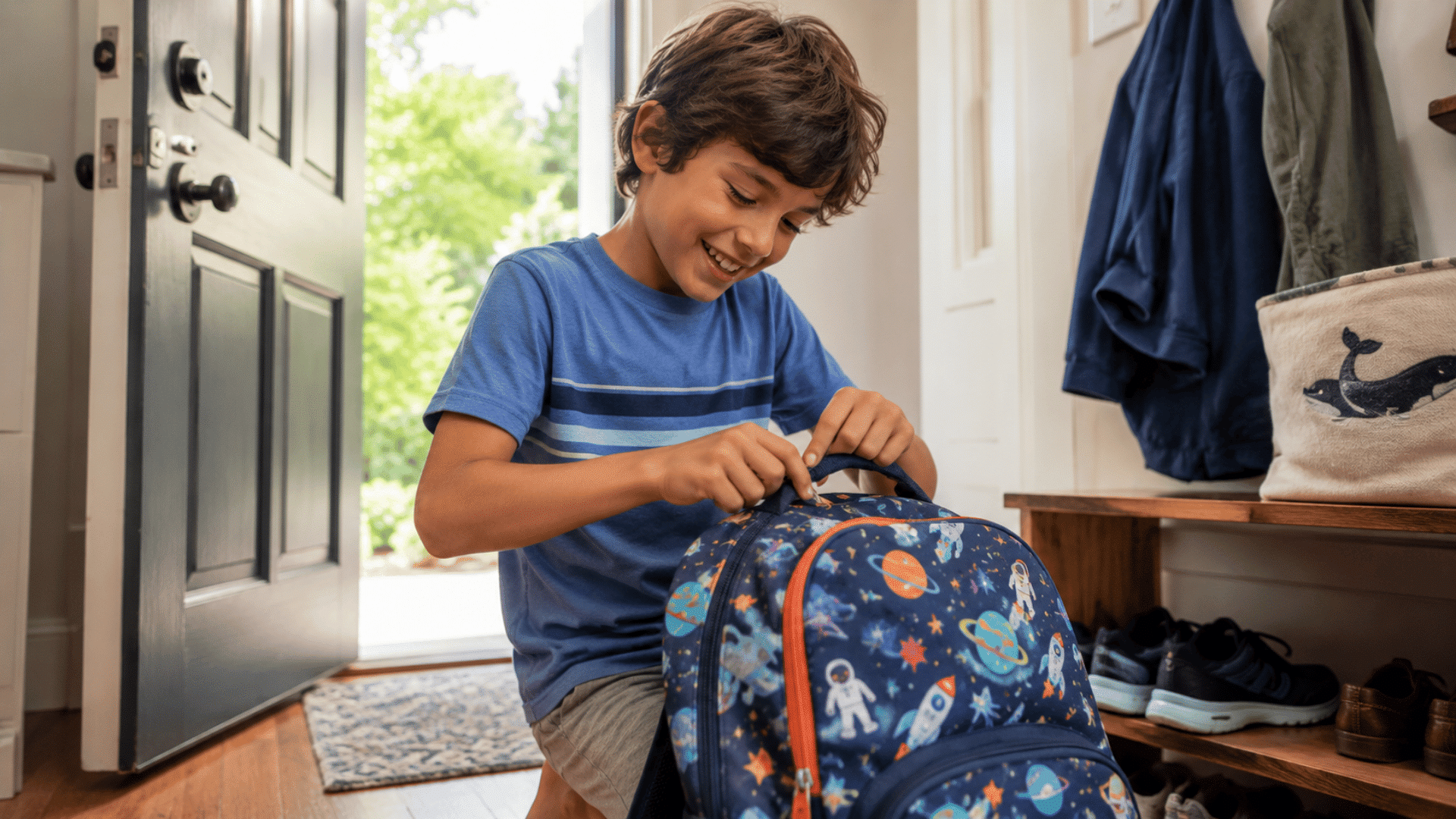 child smiling while packing a backpack near the front door before leaving home