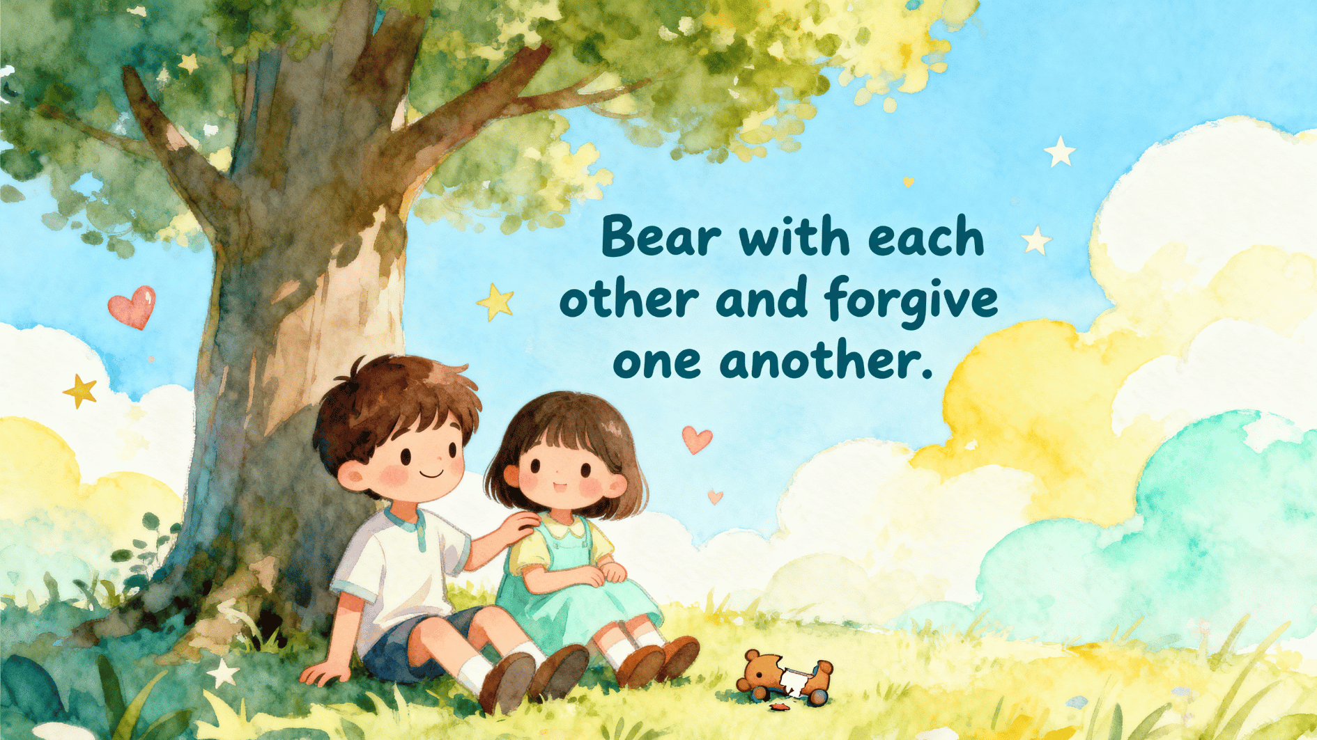 children sitting under a tree with a bible verse about forgiveness in a soft watercolor illustration