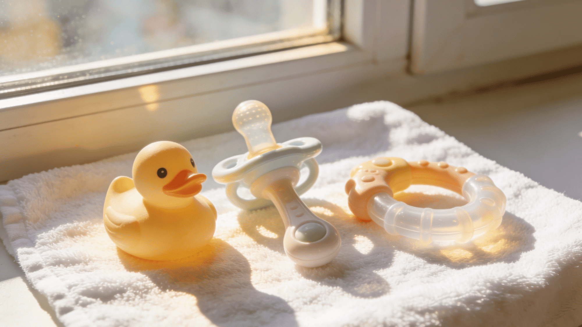_clean baby toys drying on white towel in sunlight near bright home window