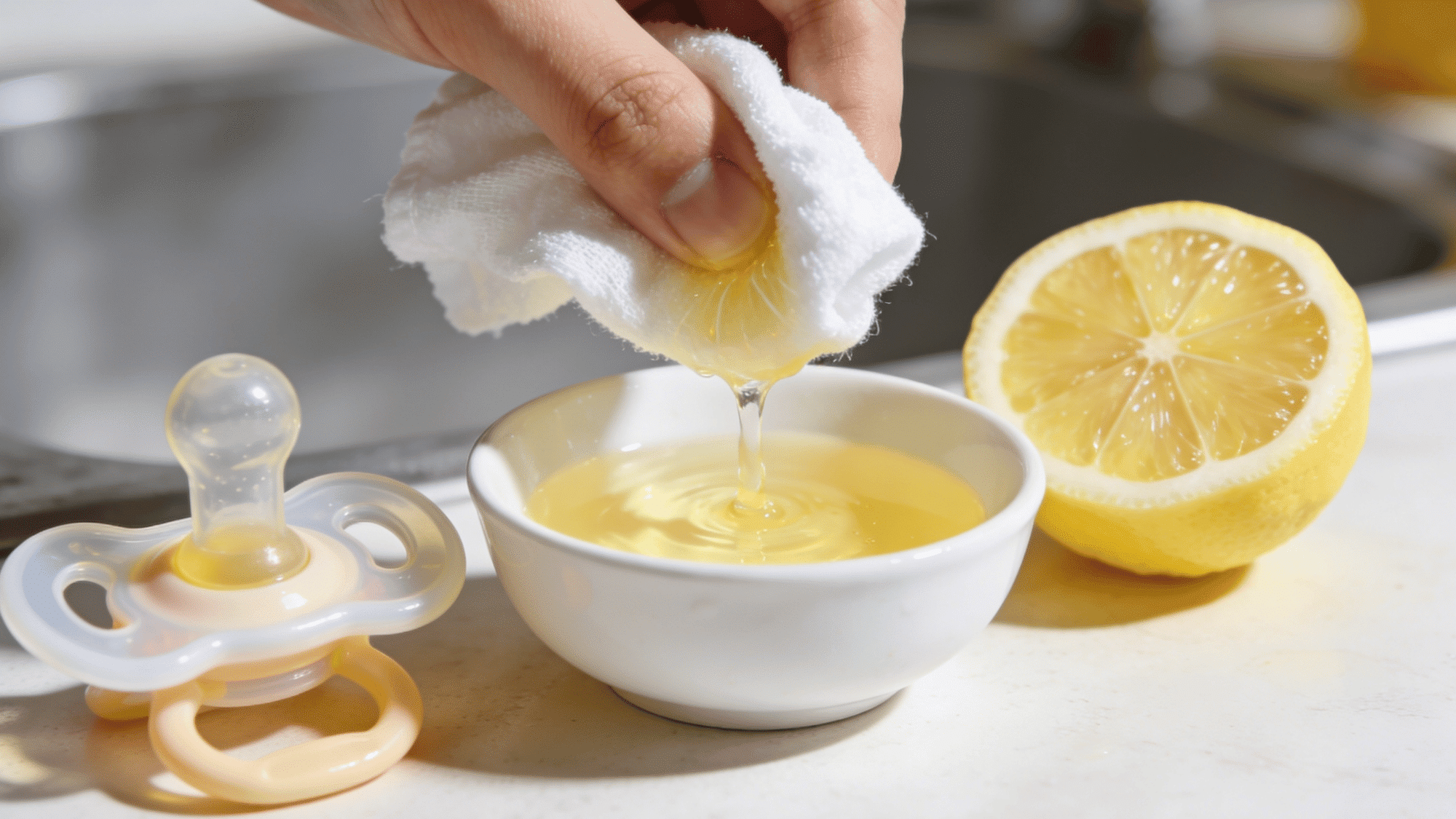 cleaning baby pacifier with fresh lemon juice and soft cloth on kitchen counter