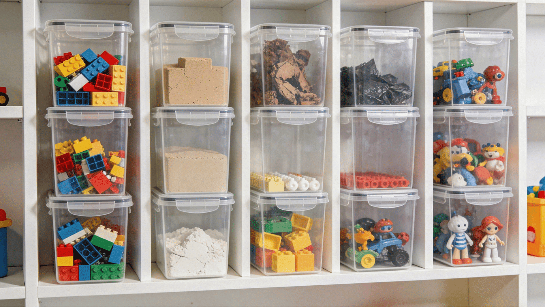 clear labeled stackable storage bins on white shelves filled with sorted lego bricks and kids toys