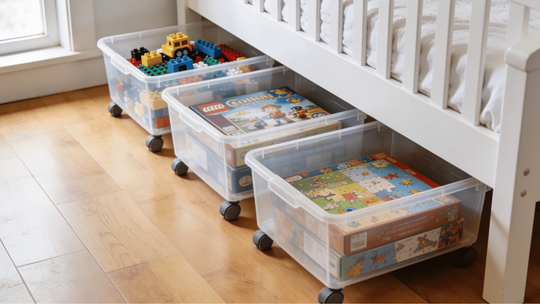 clear rolling storage drawers under a white kids bed holding board games lego sets and puzzles
