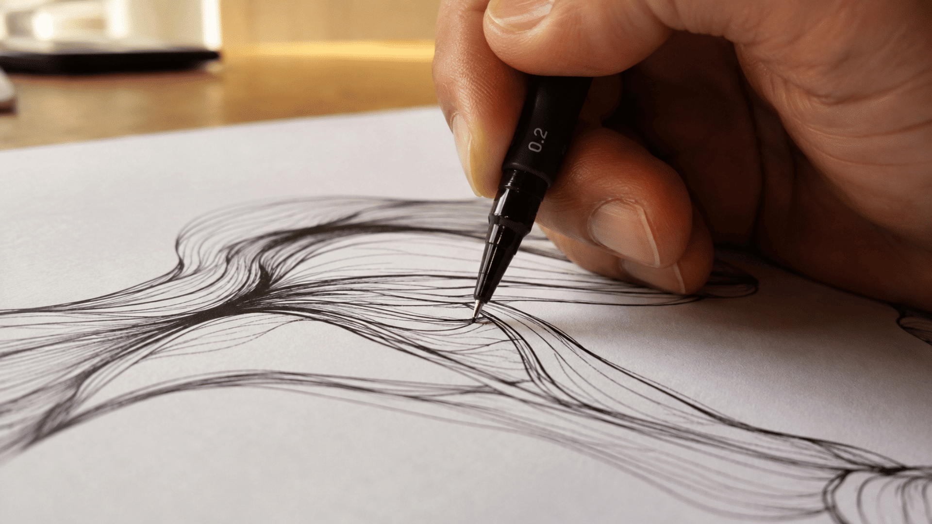close-up of a hand drawing flowing ink lines on white paper with a fine pen