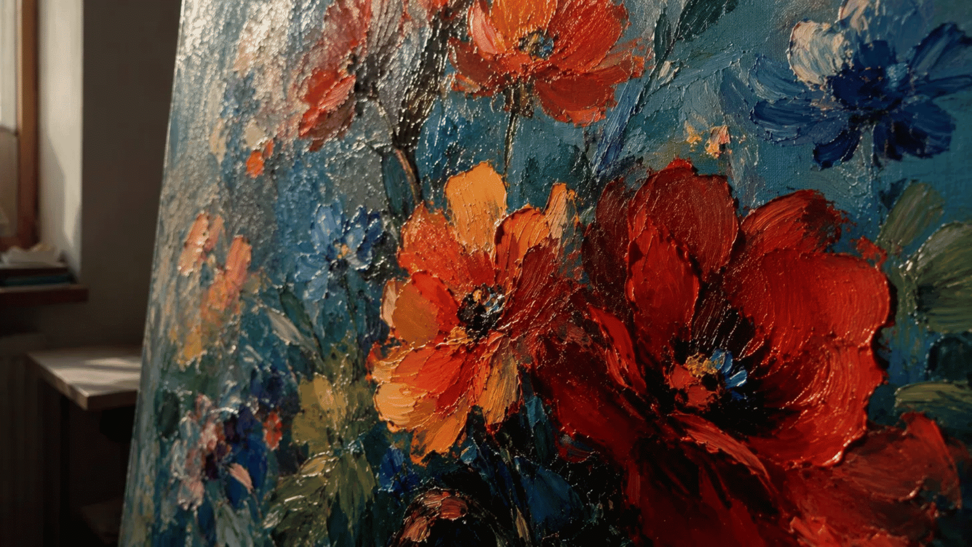 close-up of a vibrant floral oil painting on canvas showing bold colors and expressive brushstrokes