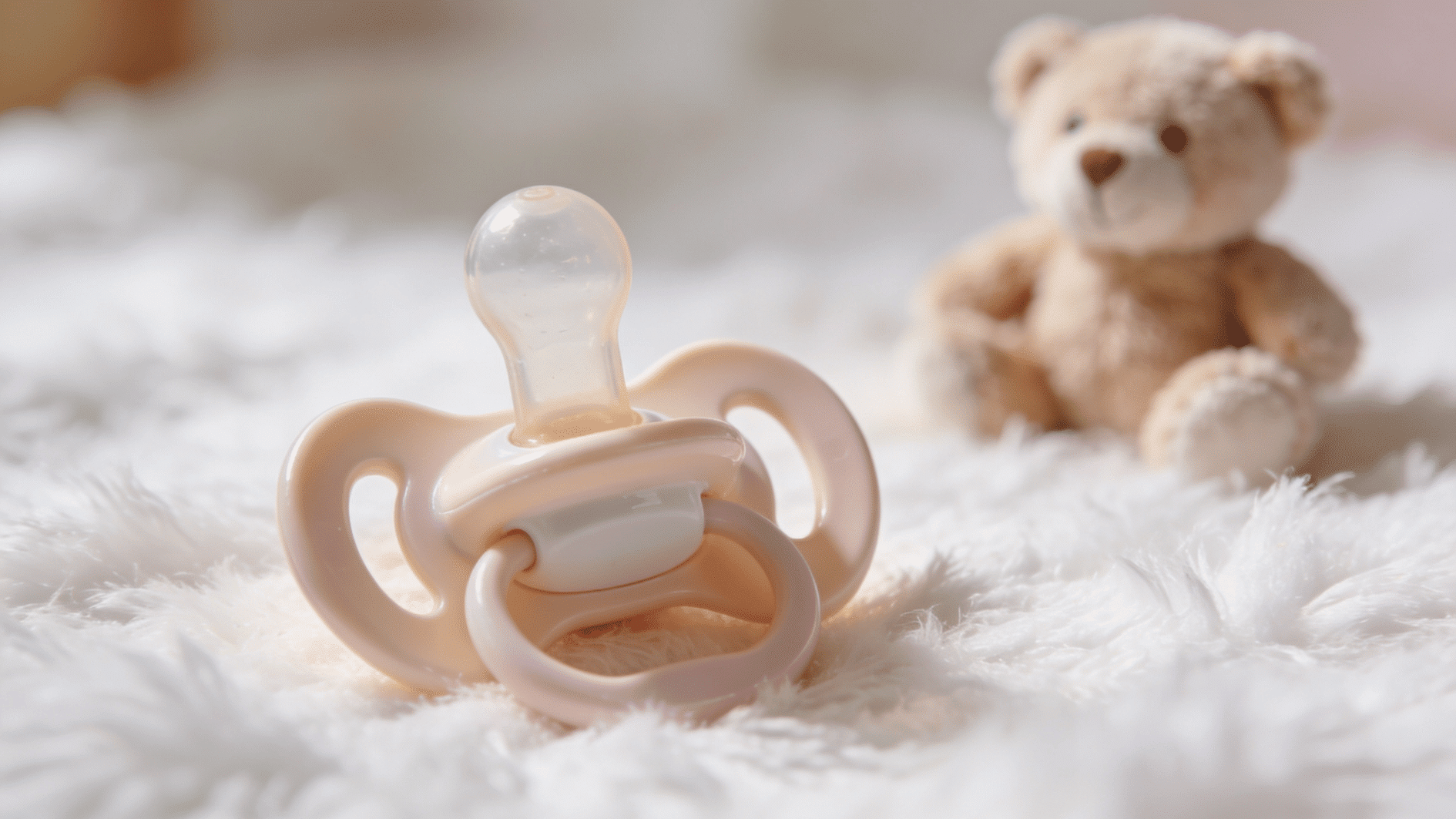 close-up of baby pacifier resting on fluffy white blanket with small teddy bear blurred in background