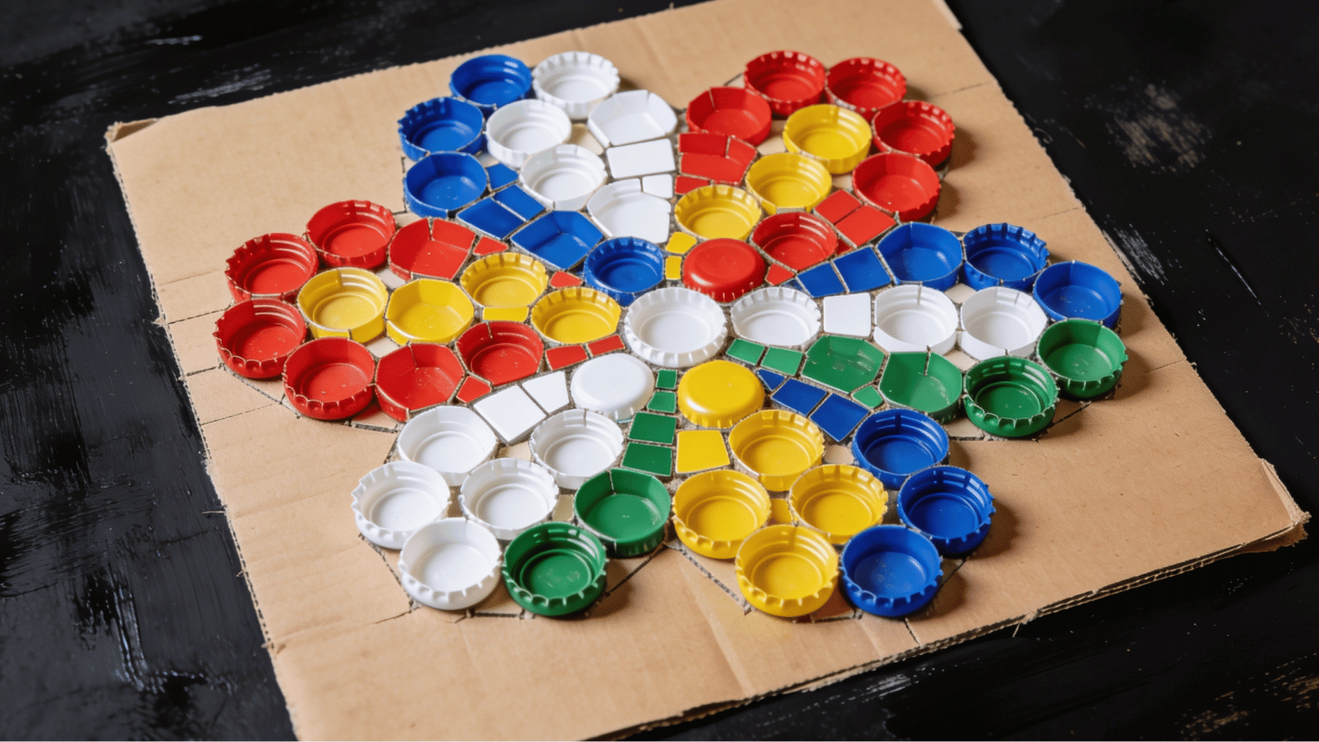 colorful plastic bottle cap mosaic art arranged in a flower pattern on a black painted cardboard base