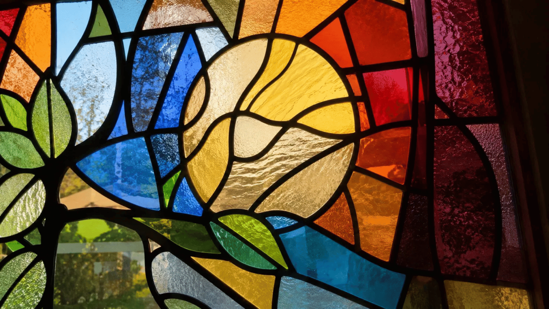 colorful stained glass window with geometric and organic shapes separated by black outlines