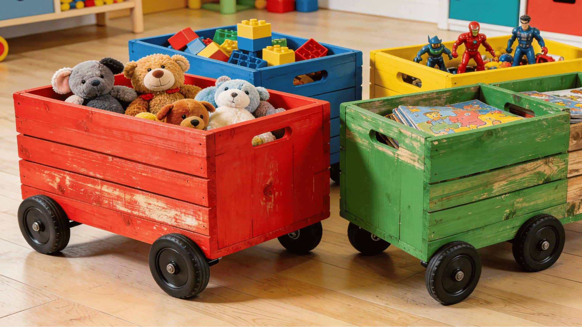 colorful wooden storage crates on black caster wheels filled with sorted kids toys on a hardwood floor