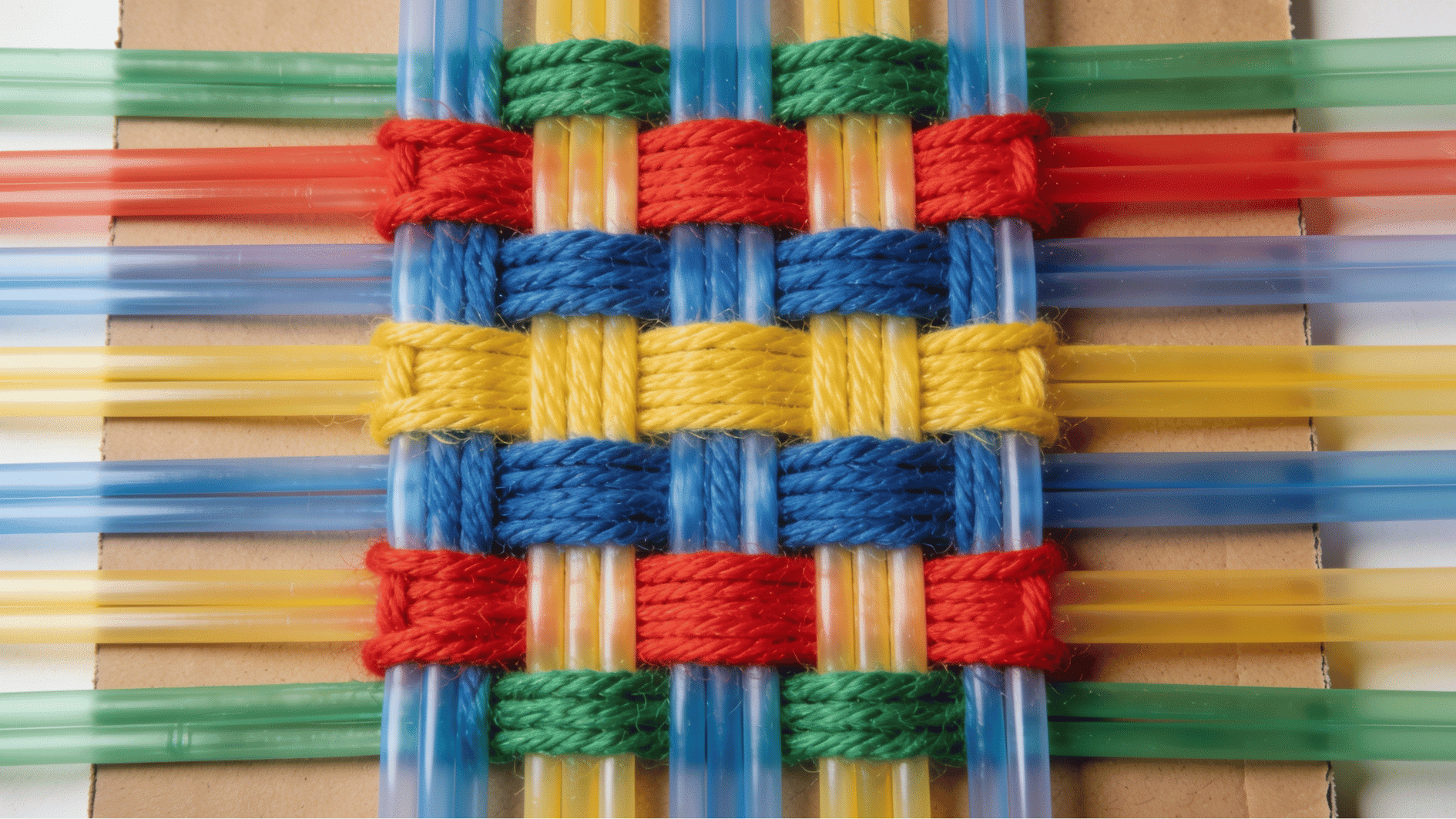 colorful yarn woven through parallel plastic straws in red yellow blue and green stripes on cardboard
