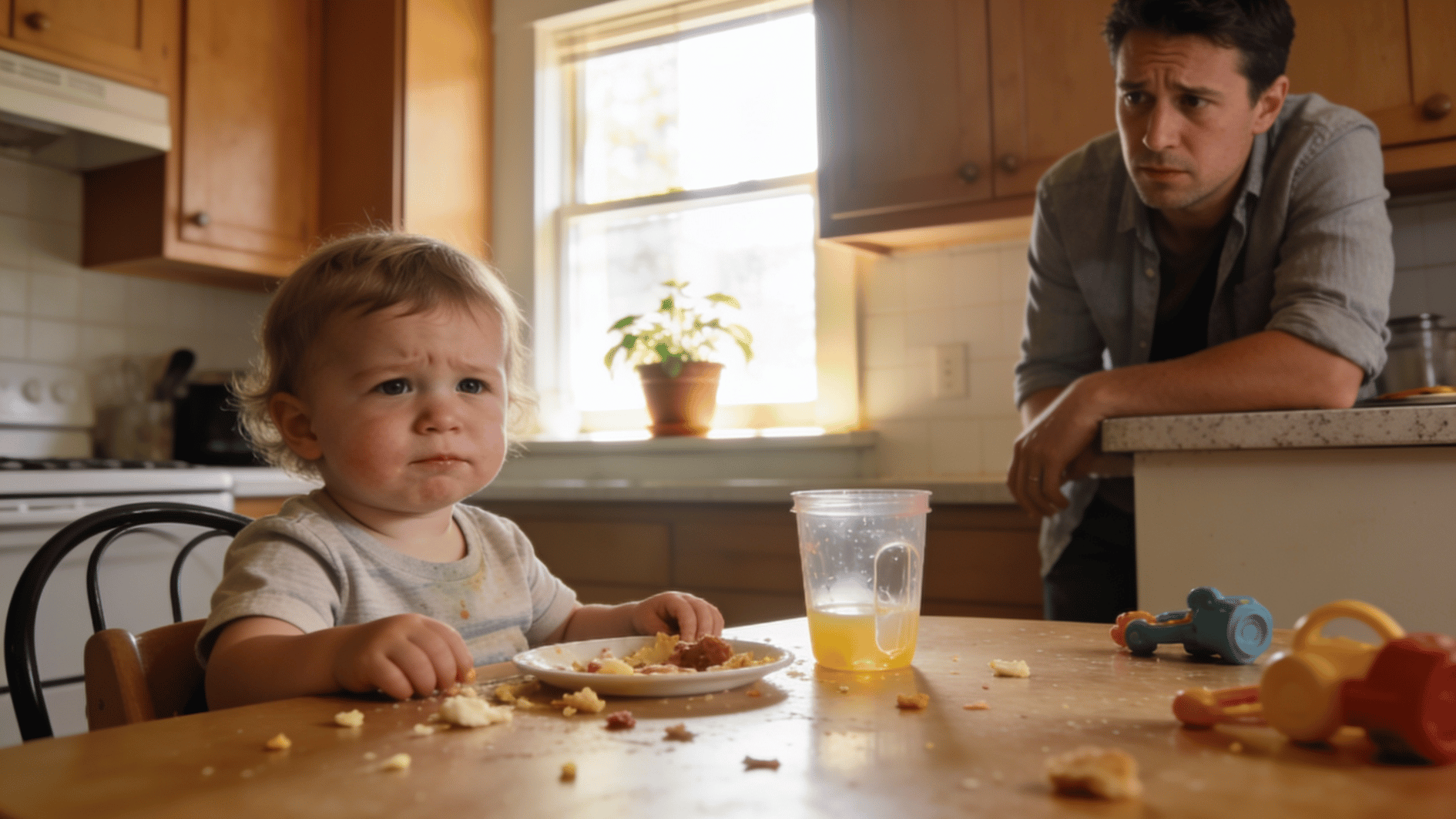 concerned parent watches toddler eating at messy kitchen table with food crumbs scattered across the surface