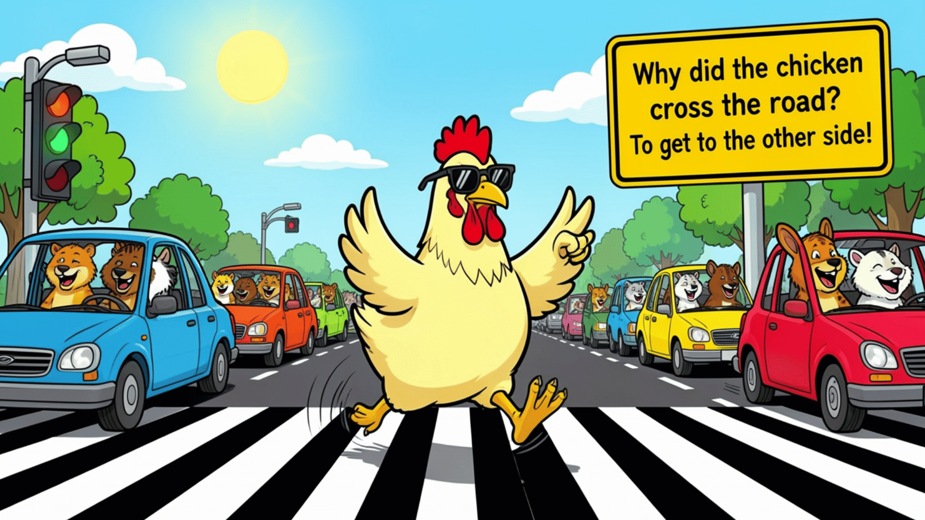 cool cartoon chicken crossing busy road on zebra crossing with cars and funny roadside joke sign