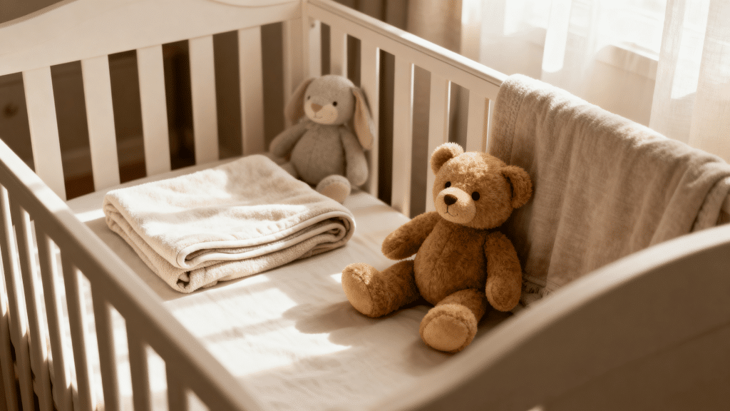cozy nursery crib with small teddy bears and folded baby blanket in warm natural sunlight