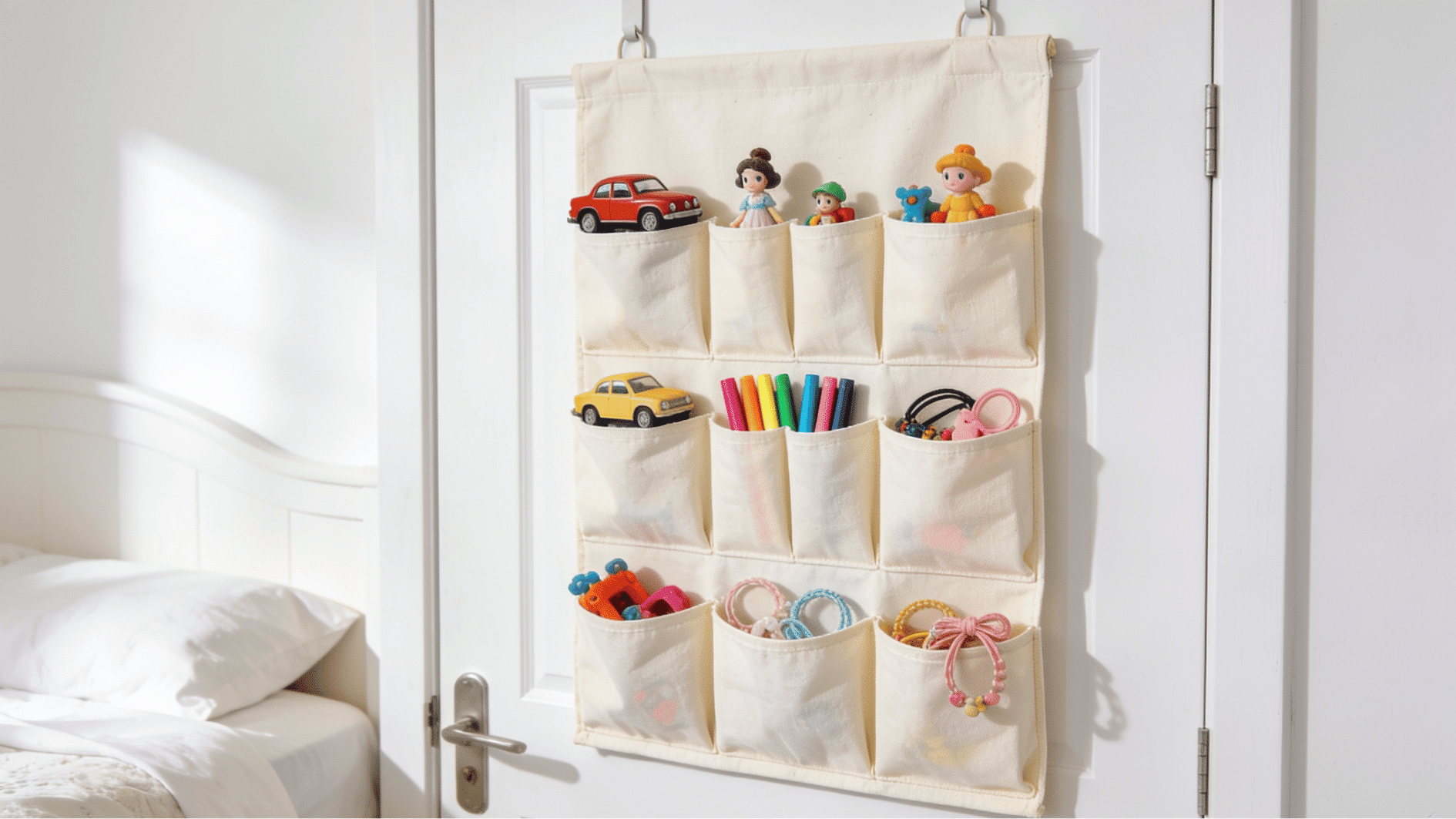 cream fabric over-door pocket organizer filled with small toys figurines and craft supplies for kids