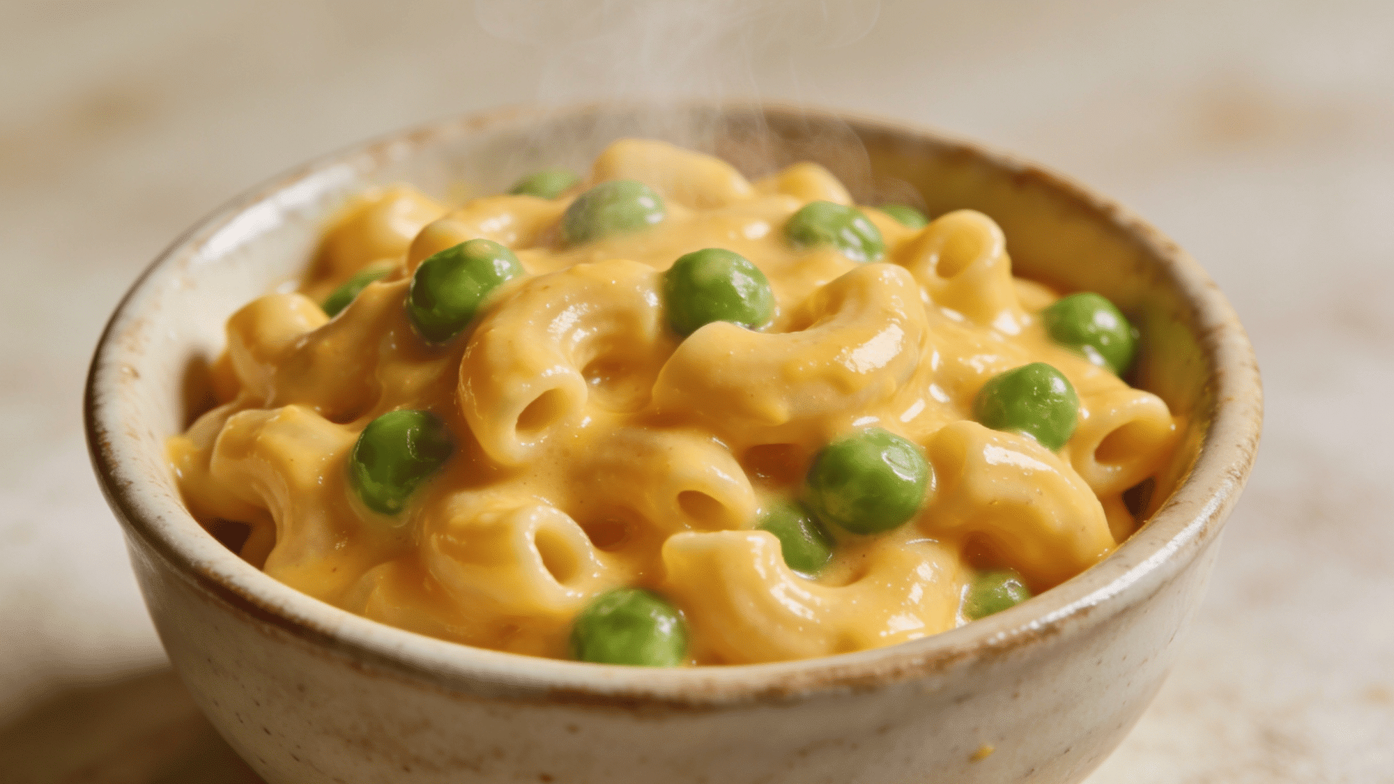 creamy mac and cheese with bright green peas in a yellow ceramic bowl on white marble