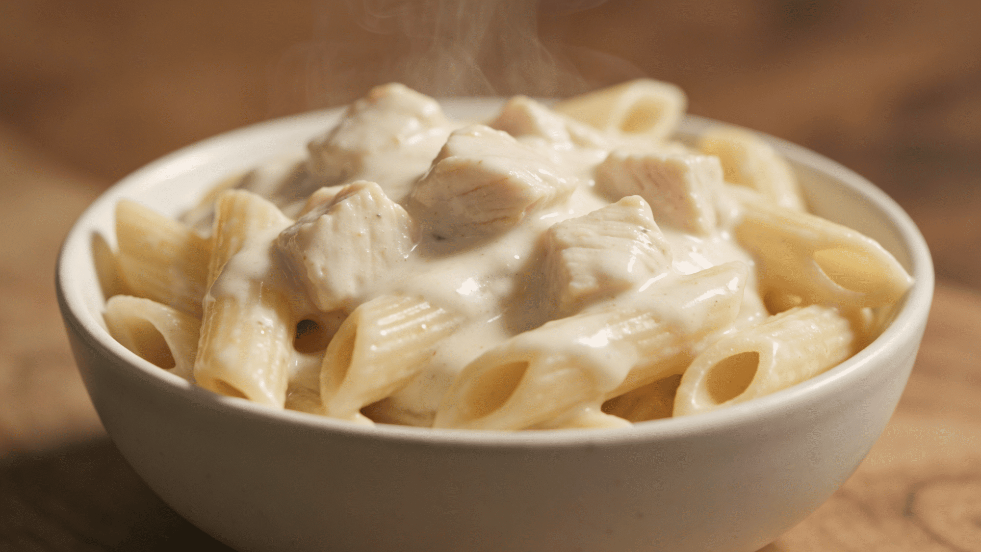creamy penne pasta with velvety white sauce and bite-sized diced chicken in a white bowl