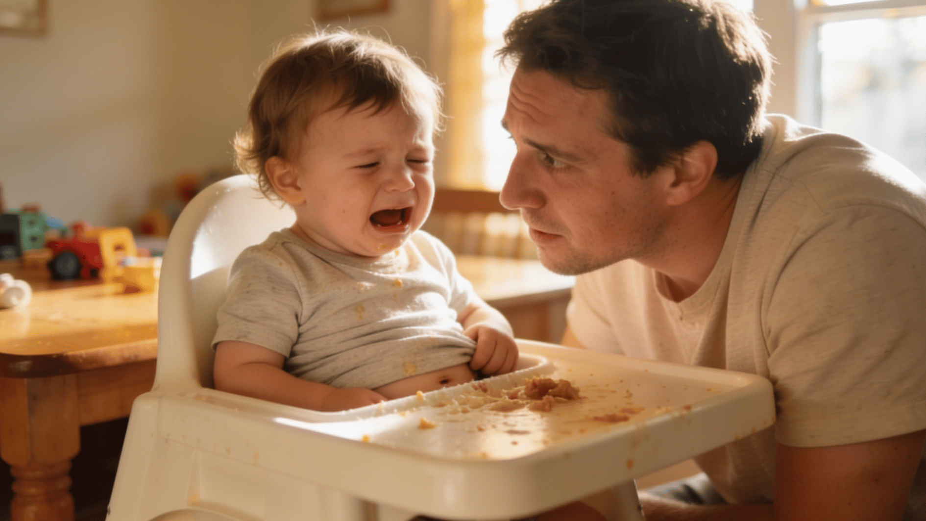 crying toddler sits in high chair during mealtime while parent leans close offering comfort and reassurance