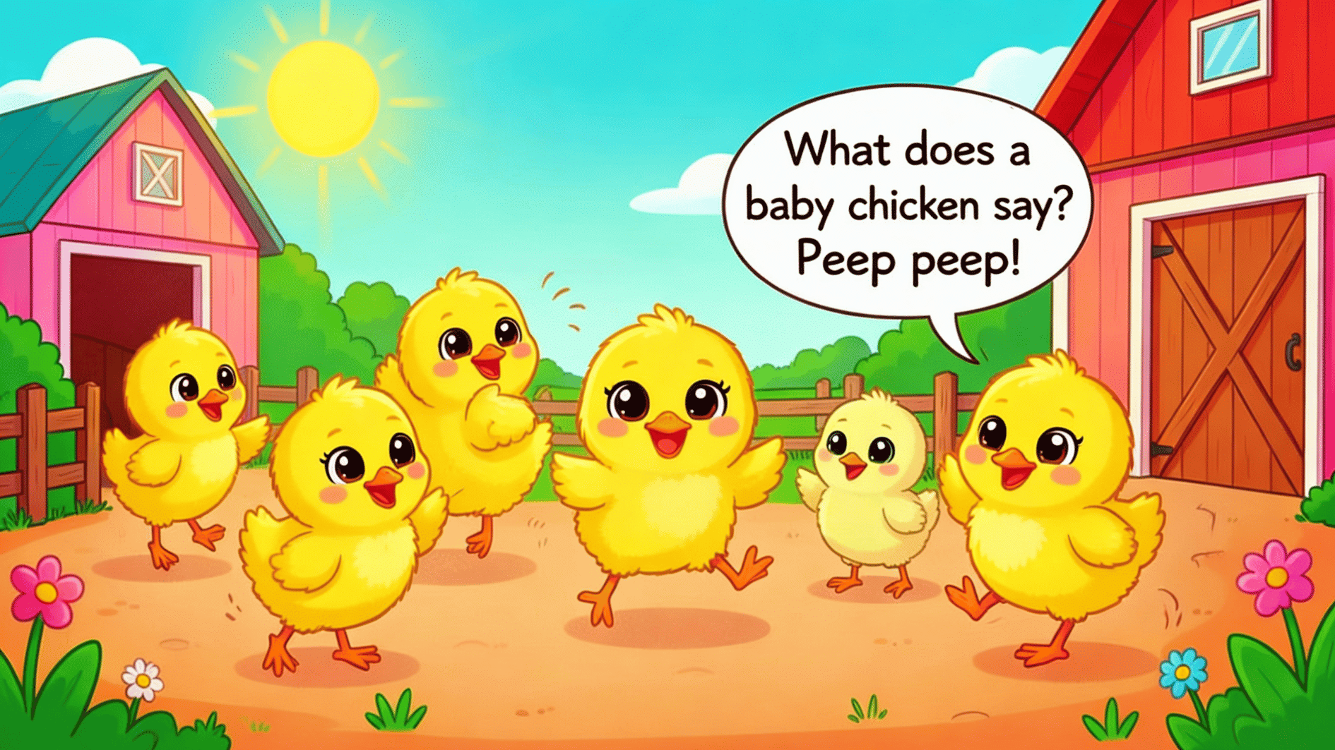 cute baby chicks playing outside colorful barn while one chick tells cheerful peep peep joke to friends