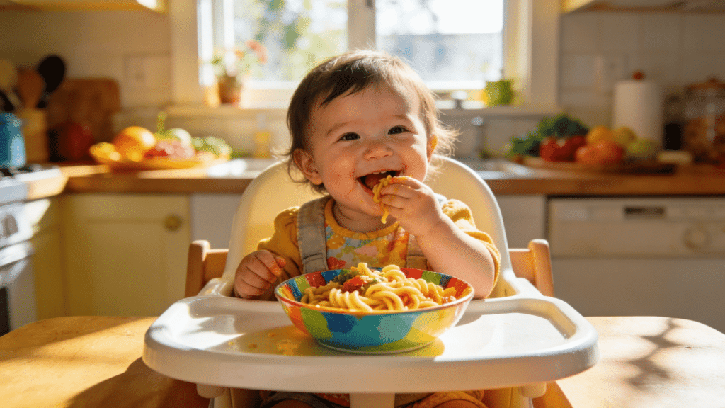cute toddler sitting in high chair at kitchen table eating pasta, warm home kitchen, natural light