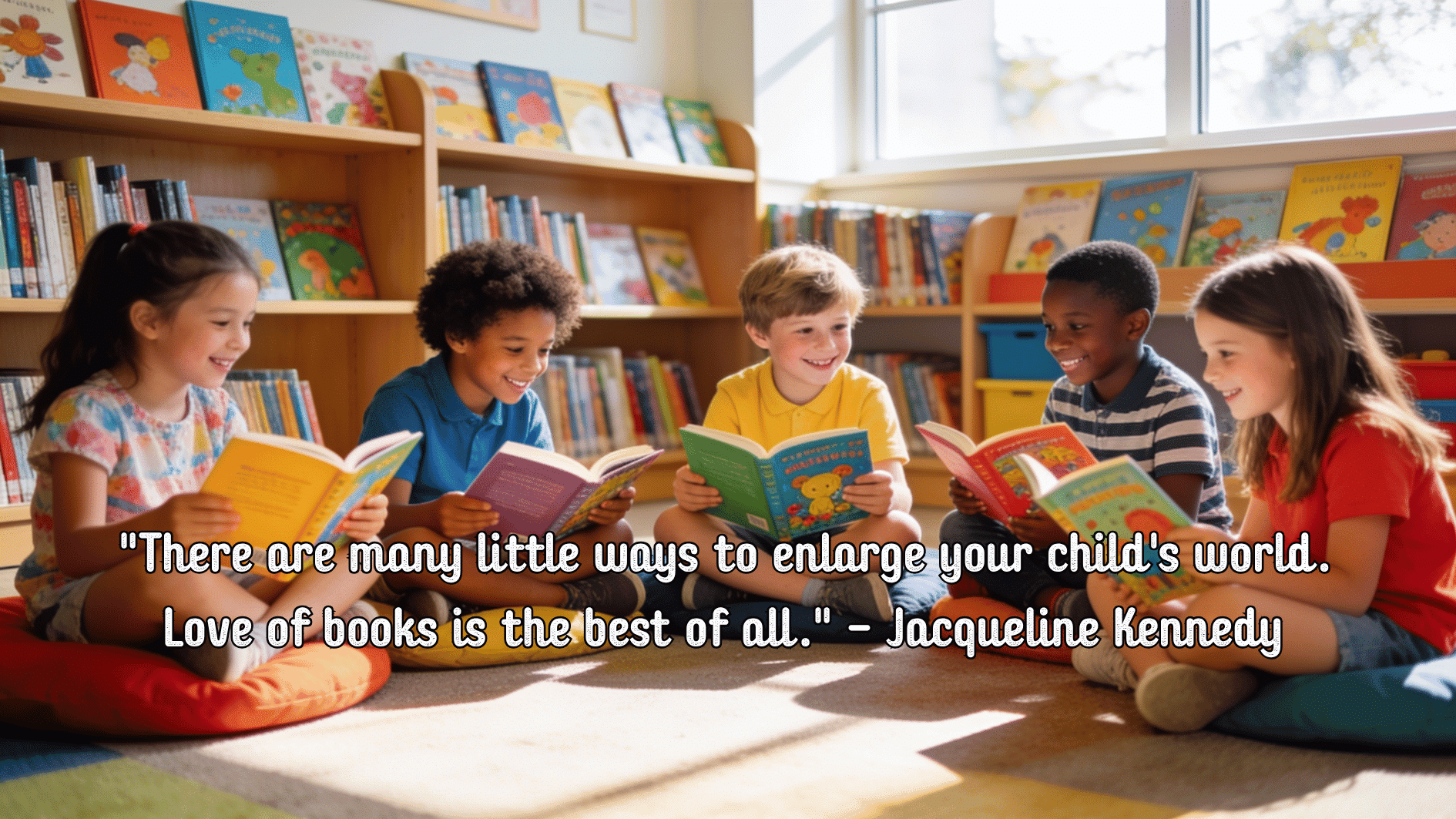 diverse group of children sitting together reading books and enjoying story time in a welcoming library room