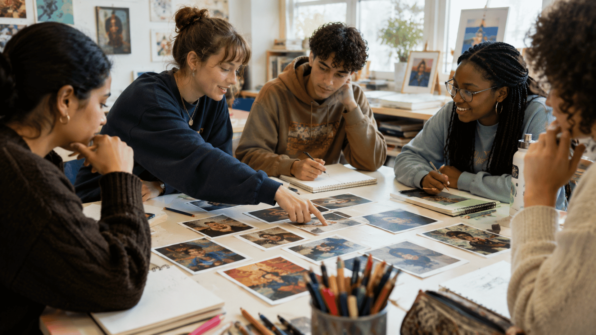 diverse students sitting around a table analyzing printed artwork cards in an art classroom