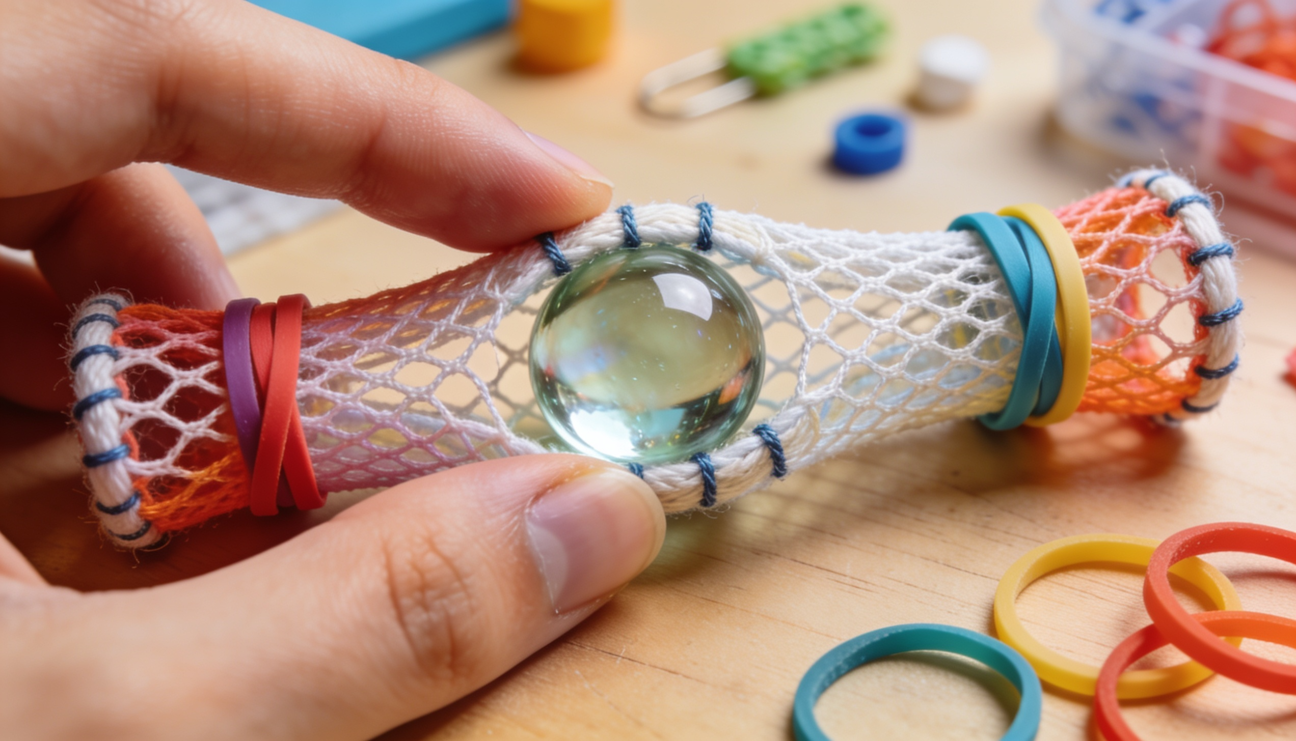 diy marble mesh fidget toy with a glass marble enclosed in white net and rubber bands