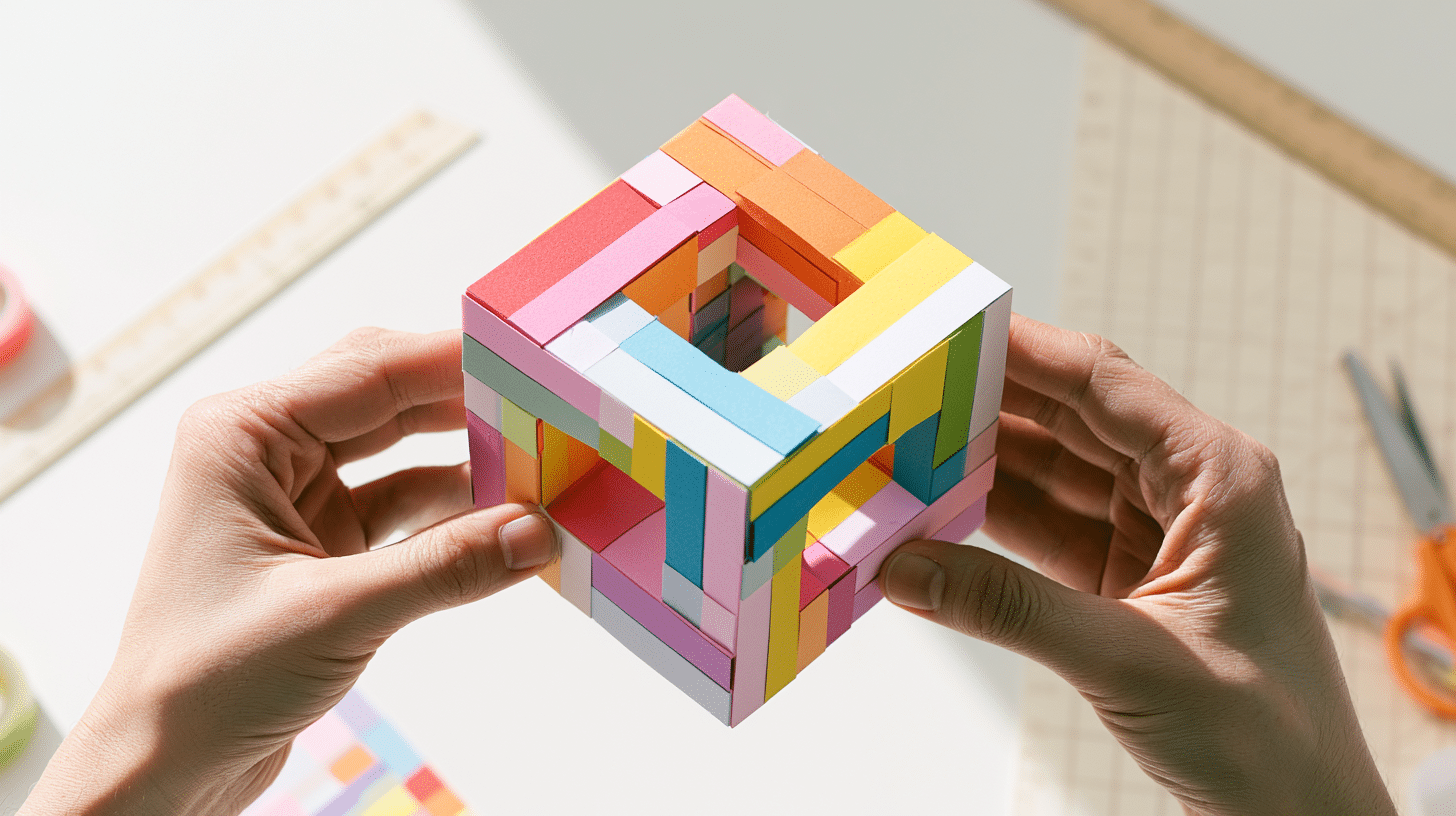 diy paper infinity cube made from colorful folded paper strips in pastel rainbow colors