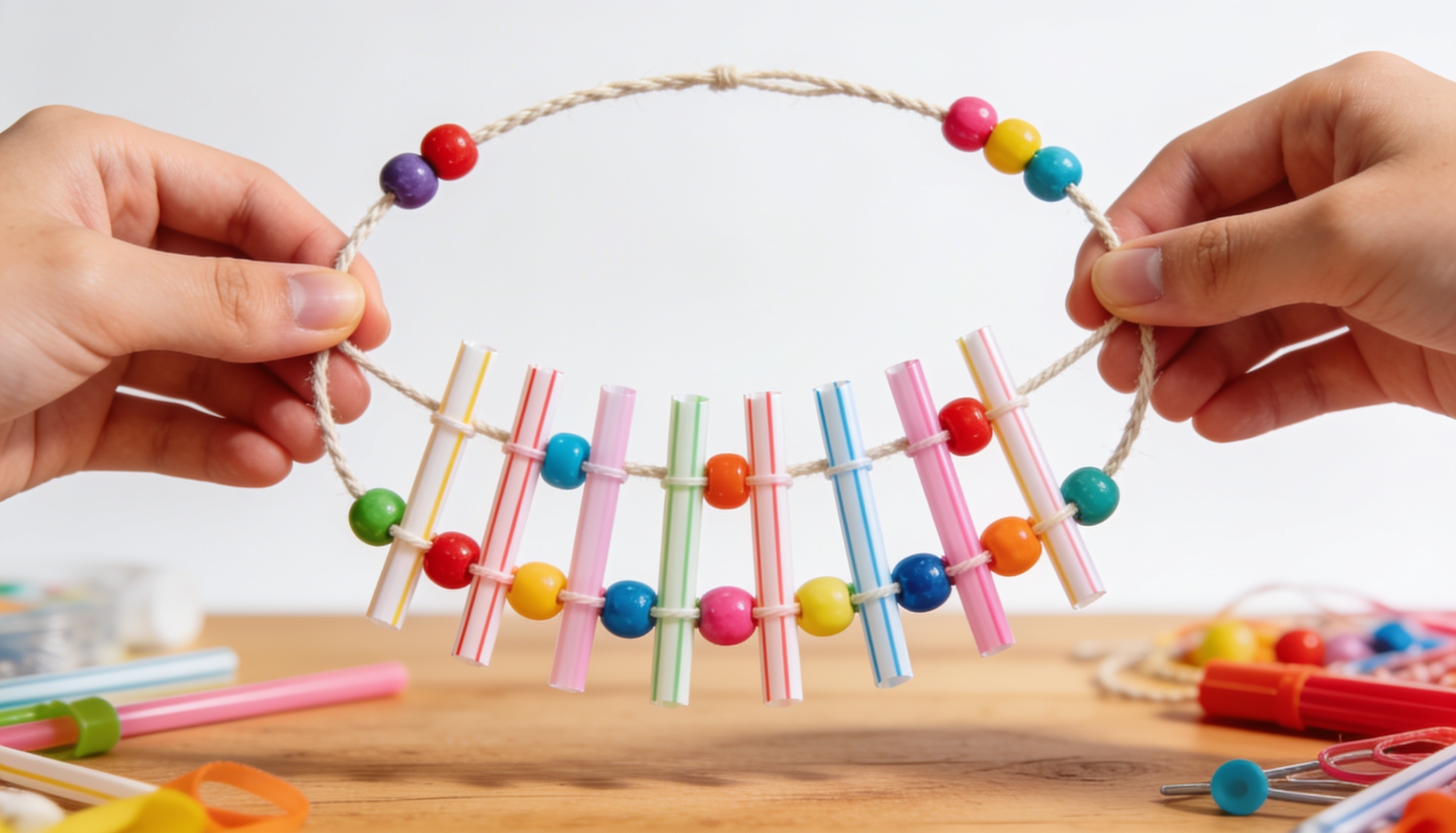 diy straw slider fidget toy with colorful beads and short straws threaded on twine