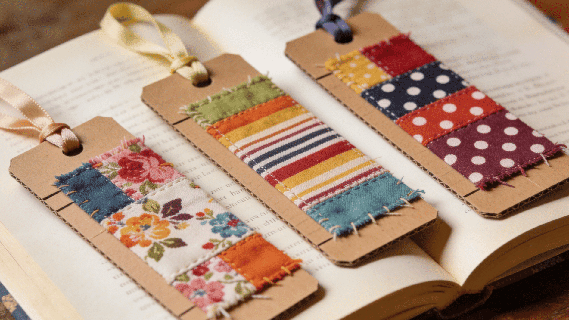 fabric scrap bookmarks covered in floral striped and polka dot patchwork pieces with ribbon loops on a book