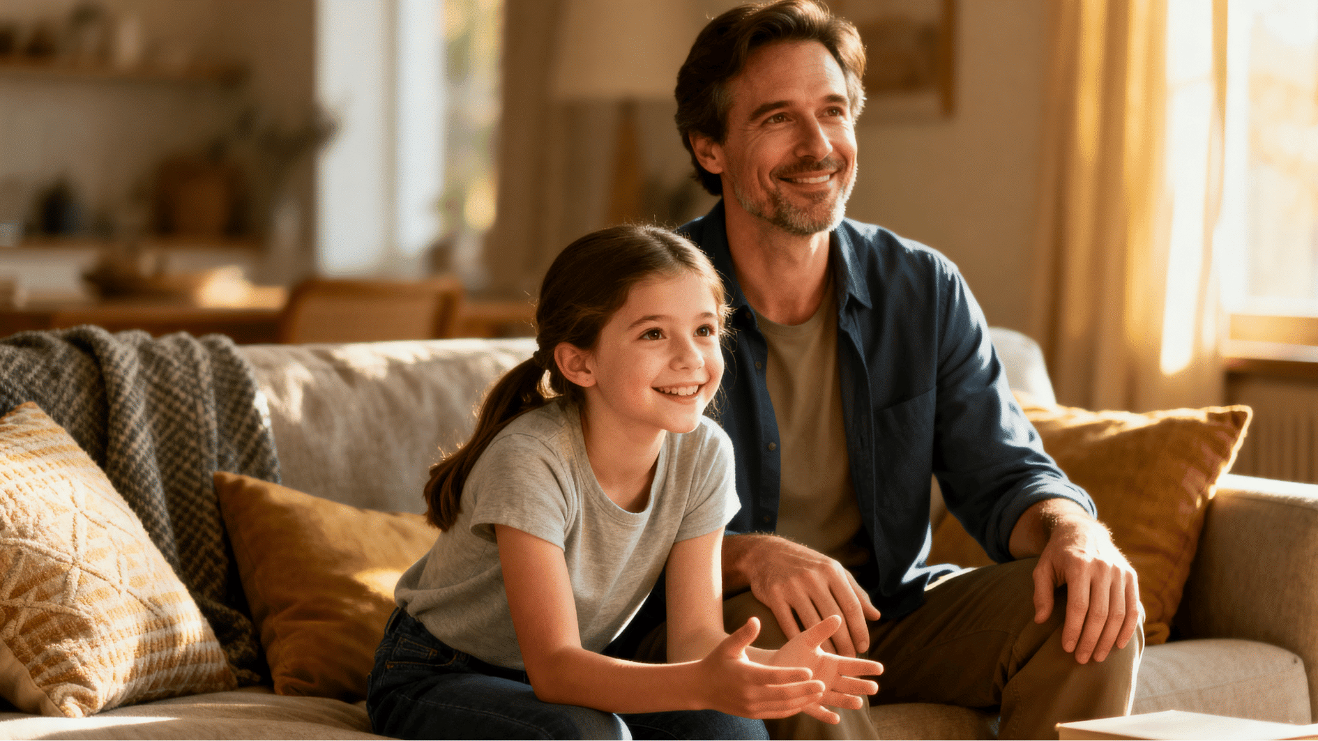 father and daughter having an open conversation together in a cozy living room with warm natural lighting.