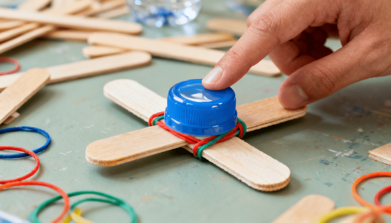 finger pressing a diy popsicle stick clicker with a blue bottle cap and rubber bands on a craft table